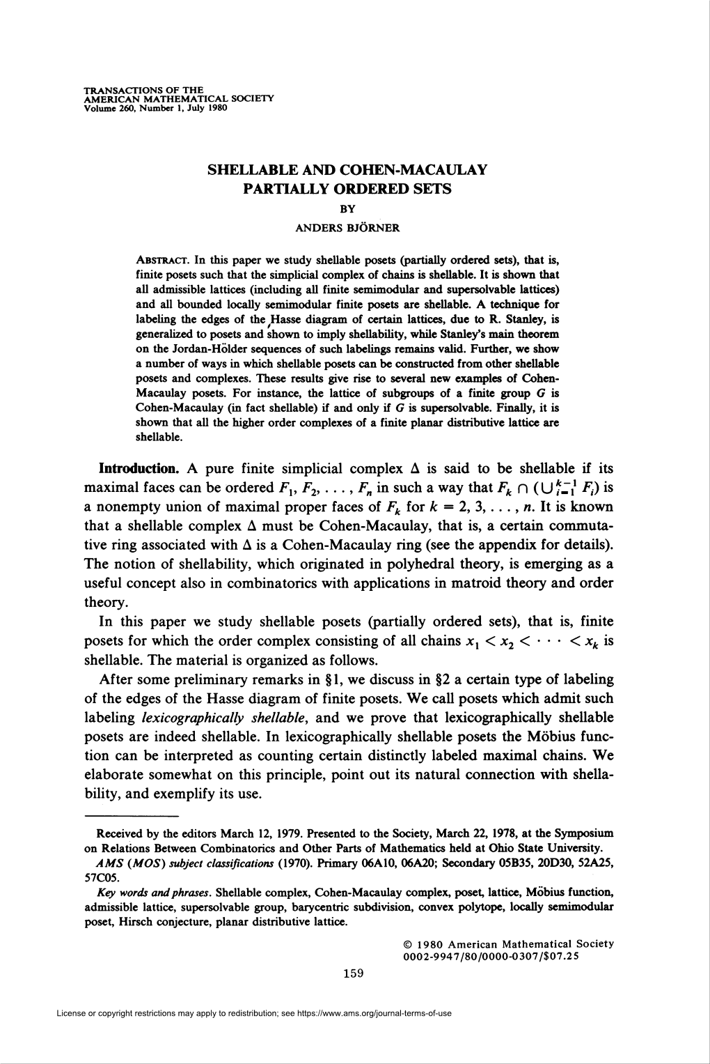 Shellable and Cohen-Macaulay Partially Ordered Sets by Anders Björner