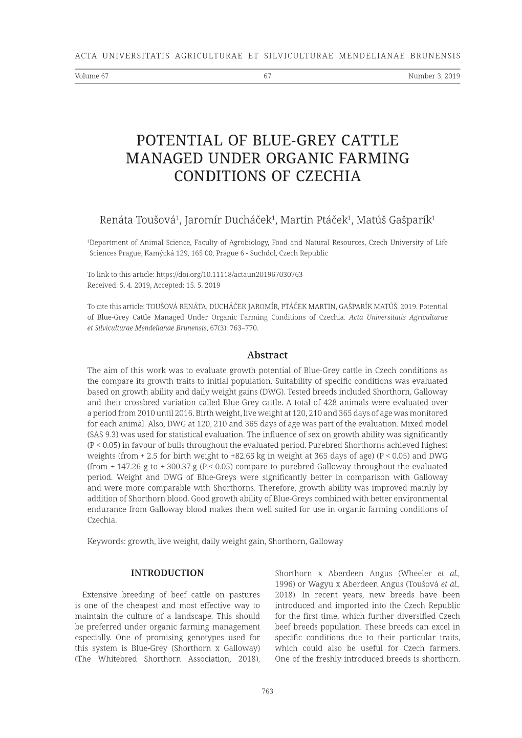 Potential of Blue‑Grey Cattle Managed Under Organic Farming Conditions of Czechia