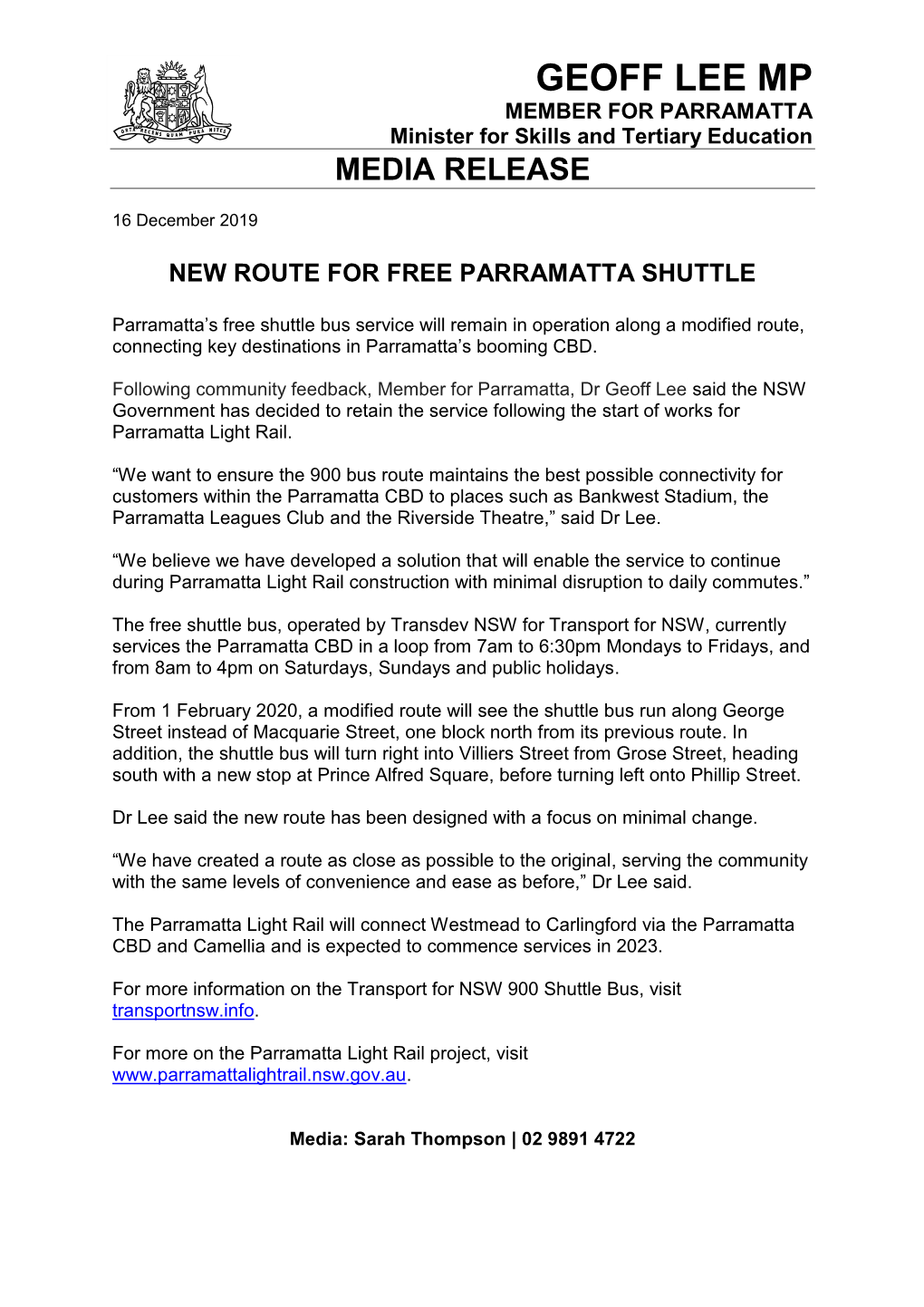 GEOFF LEE MP MEMBER for PARRAMATTA Minister for Skills and Tertiary Education MEDIA RELEASE