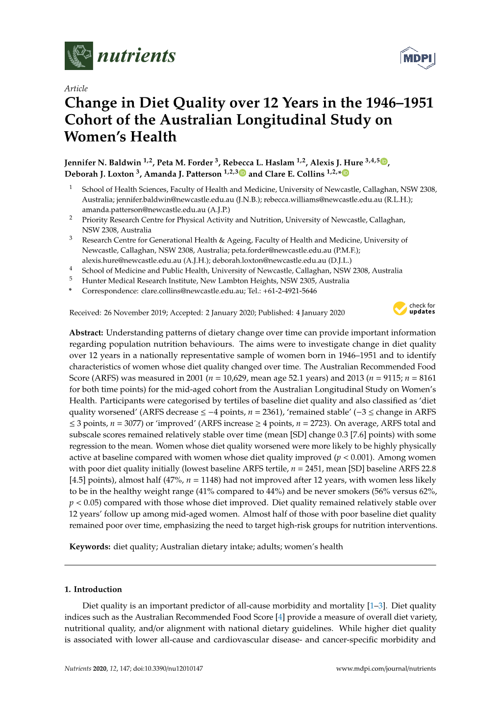 Change in Diet Quality Over 12 Years in the 1946–1951 Cohort of the Australian Longitudinal Study on Women's Health