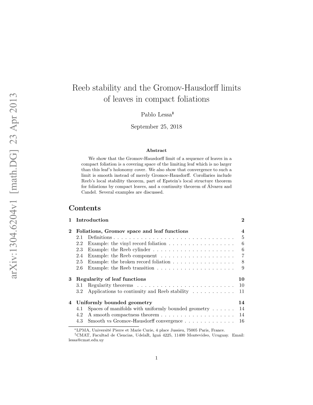 Reeb Stability and the Gromov-Hausdorff Limits of Leaves