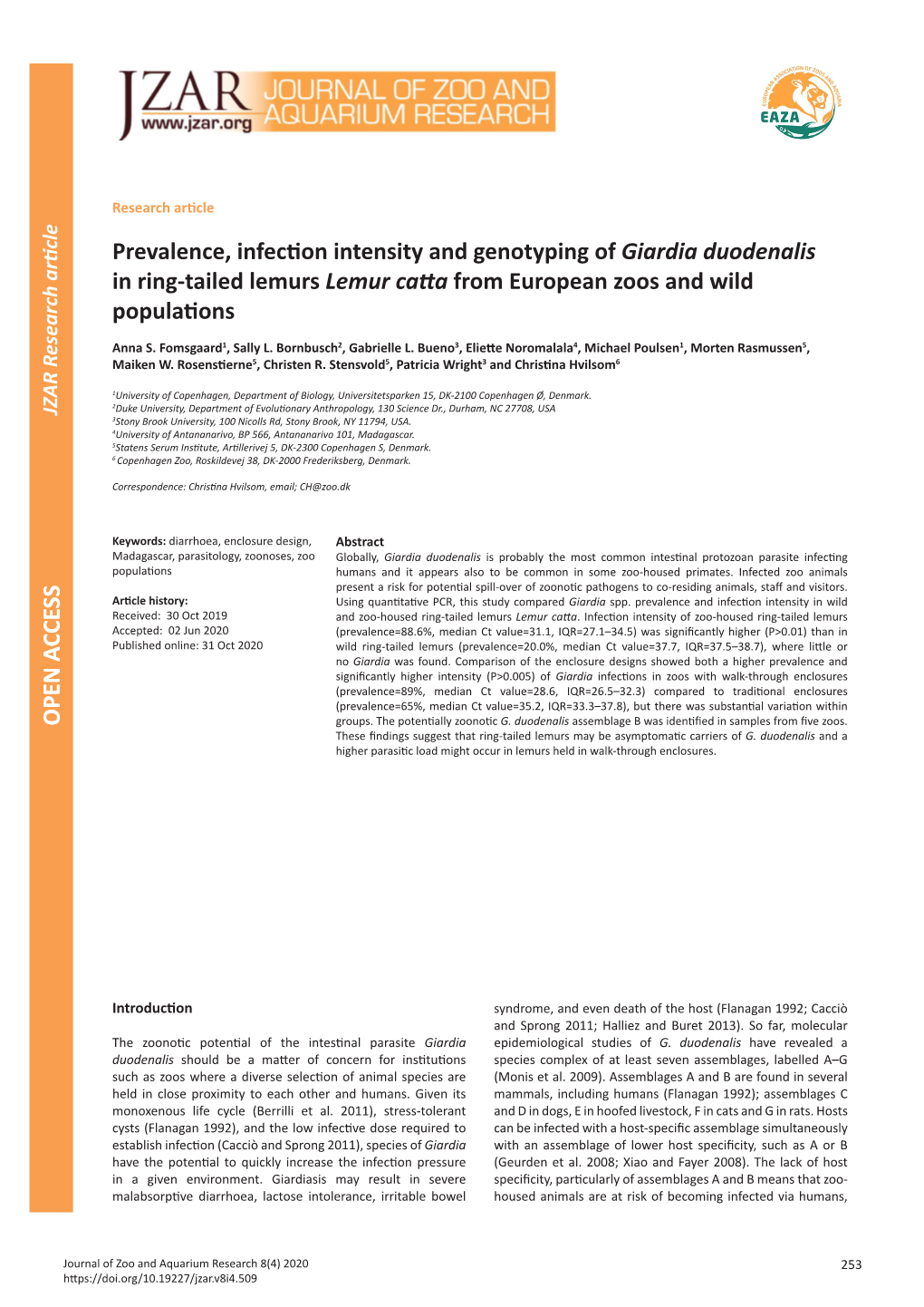 Prevalence, Infection Intensity and Genotyping of Giardia Duodenalis In