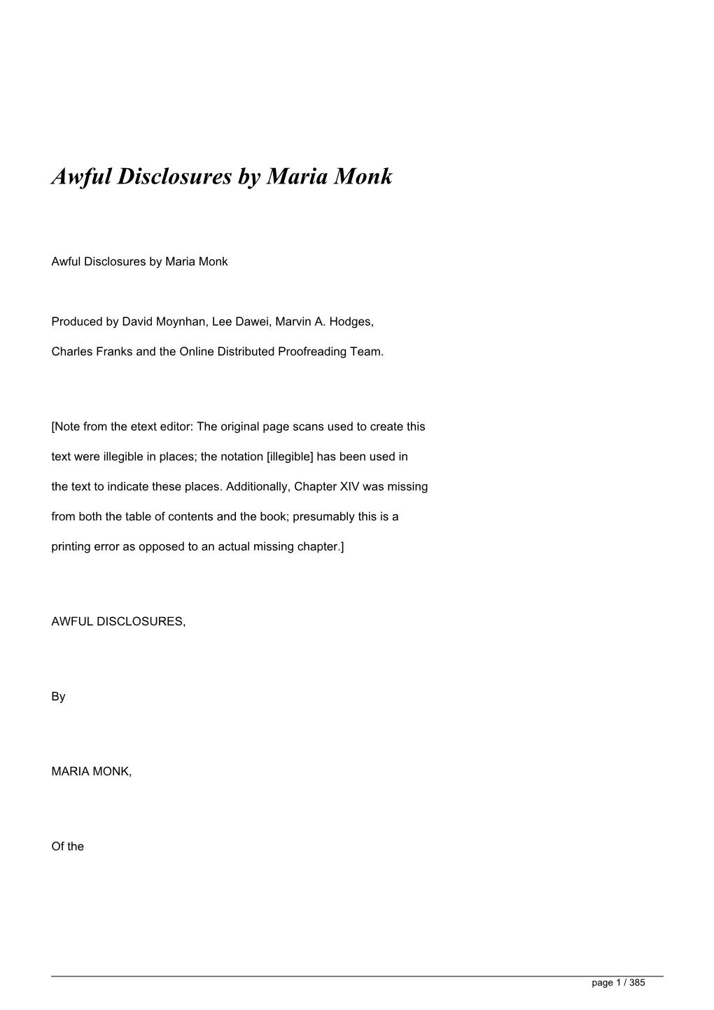 Awful Disclosures by Maria Monk&lt;/H1&gt;