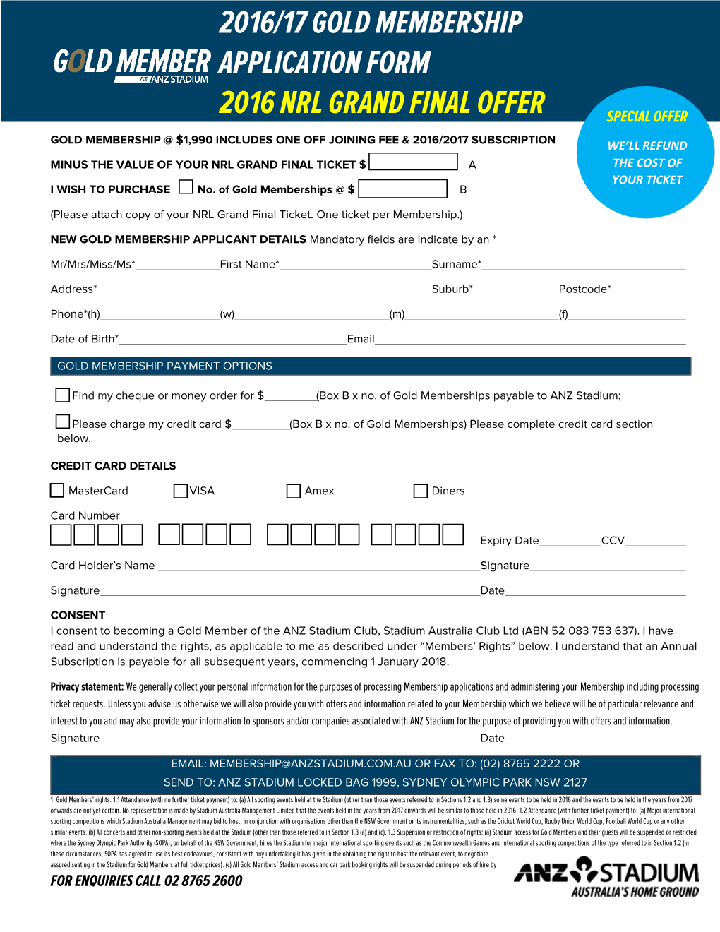 2016 Afl Hospiality Packages Application Form