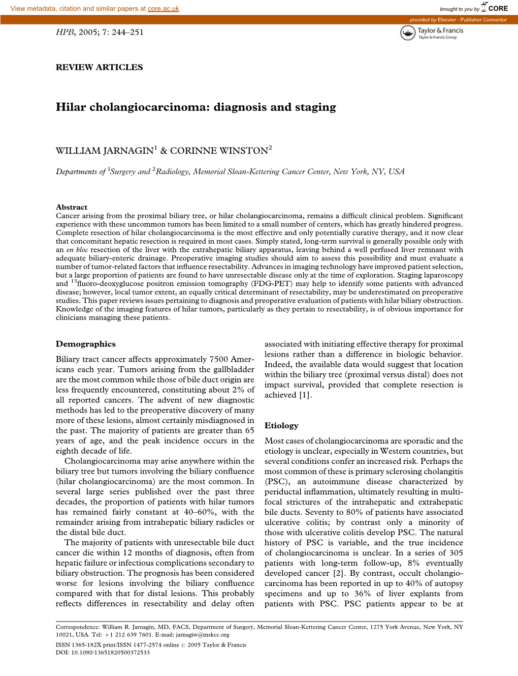 Hilar Cholangiocarcinoma: Diagnosis and Staging