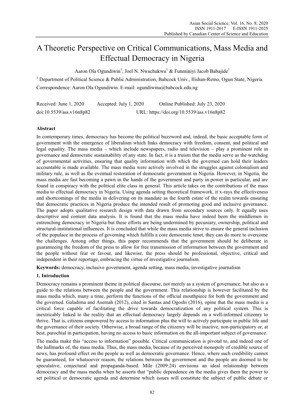 A Theoretic Perspective on Critical Communications, Mass Media and Effectual Democracy in Nigeria