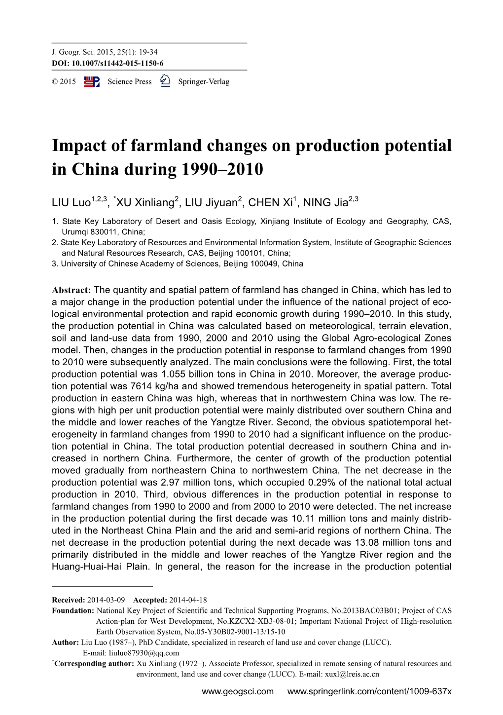 Impact of Farmland Changes on Production Potential in China During 1990–2010