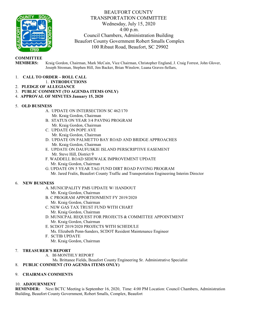 TRANSPORTATION COMMITTEE Wednesday, July 15, 2020 4:00 P.M