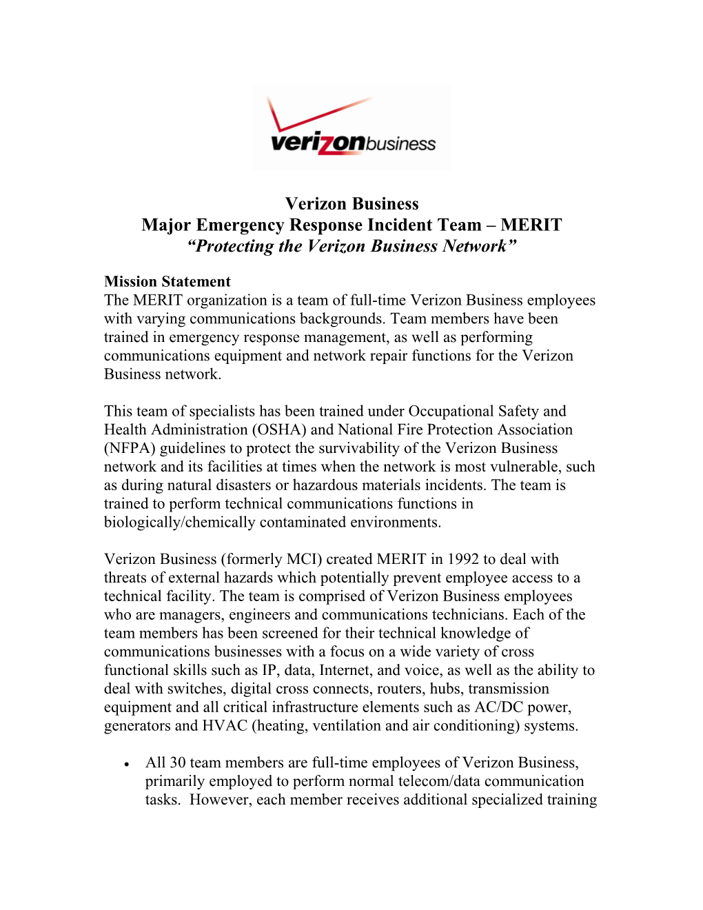 MCI Emergency Response Incident Team - MERIT