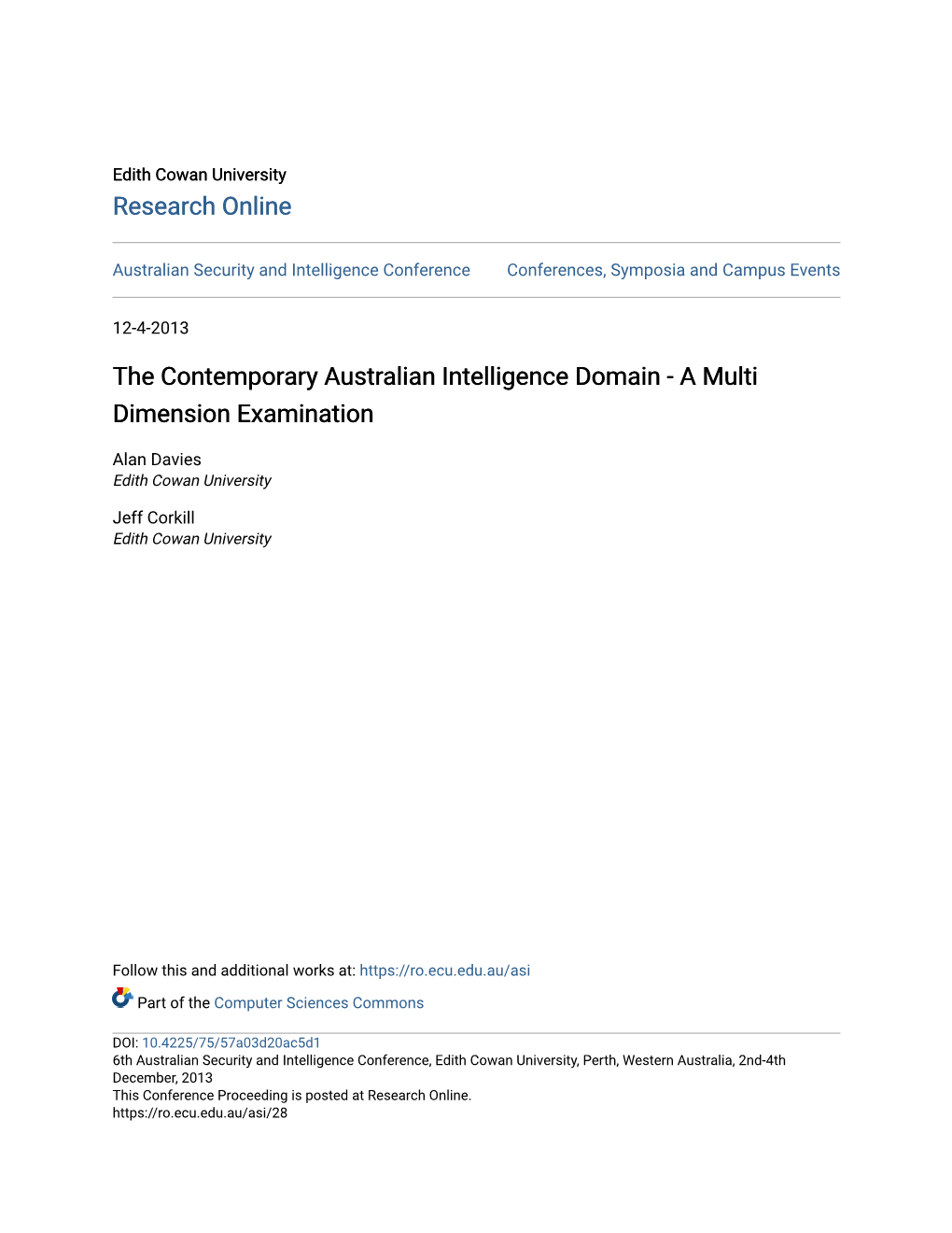 The Contemporary Australian Intelligence Domain - a Multi Dimension Examination