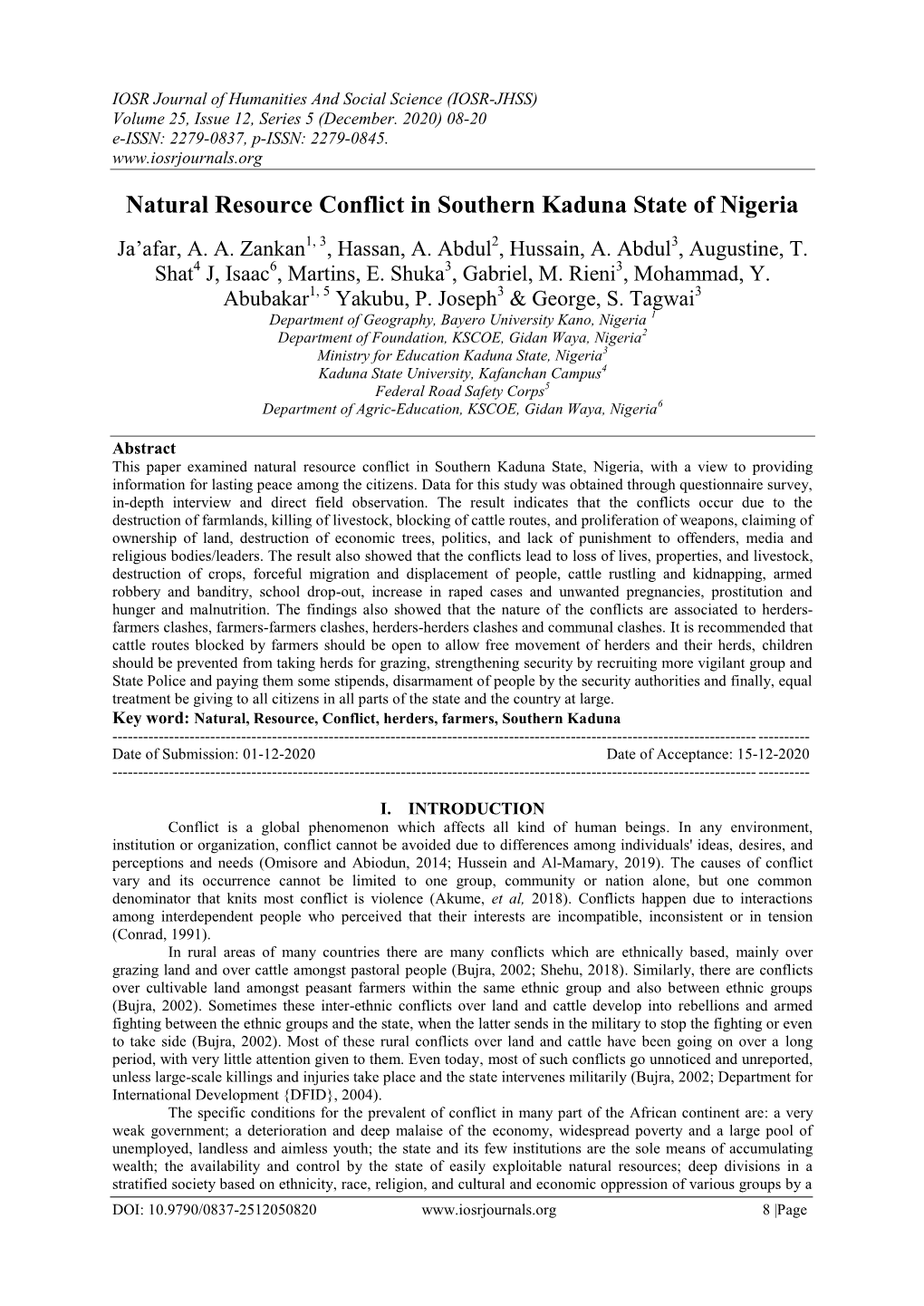 Natural Resource Conflict in Southern Kaduna State of Nigeria