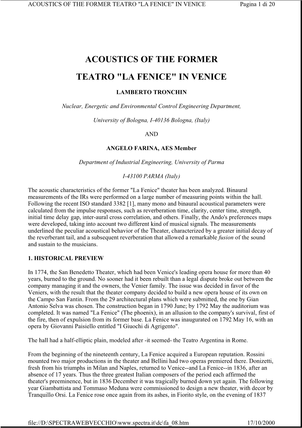 ACOUSTICS of the FORMER TEATRO "LA FENICE" in VENICE Pagina 1 Di 20