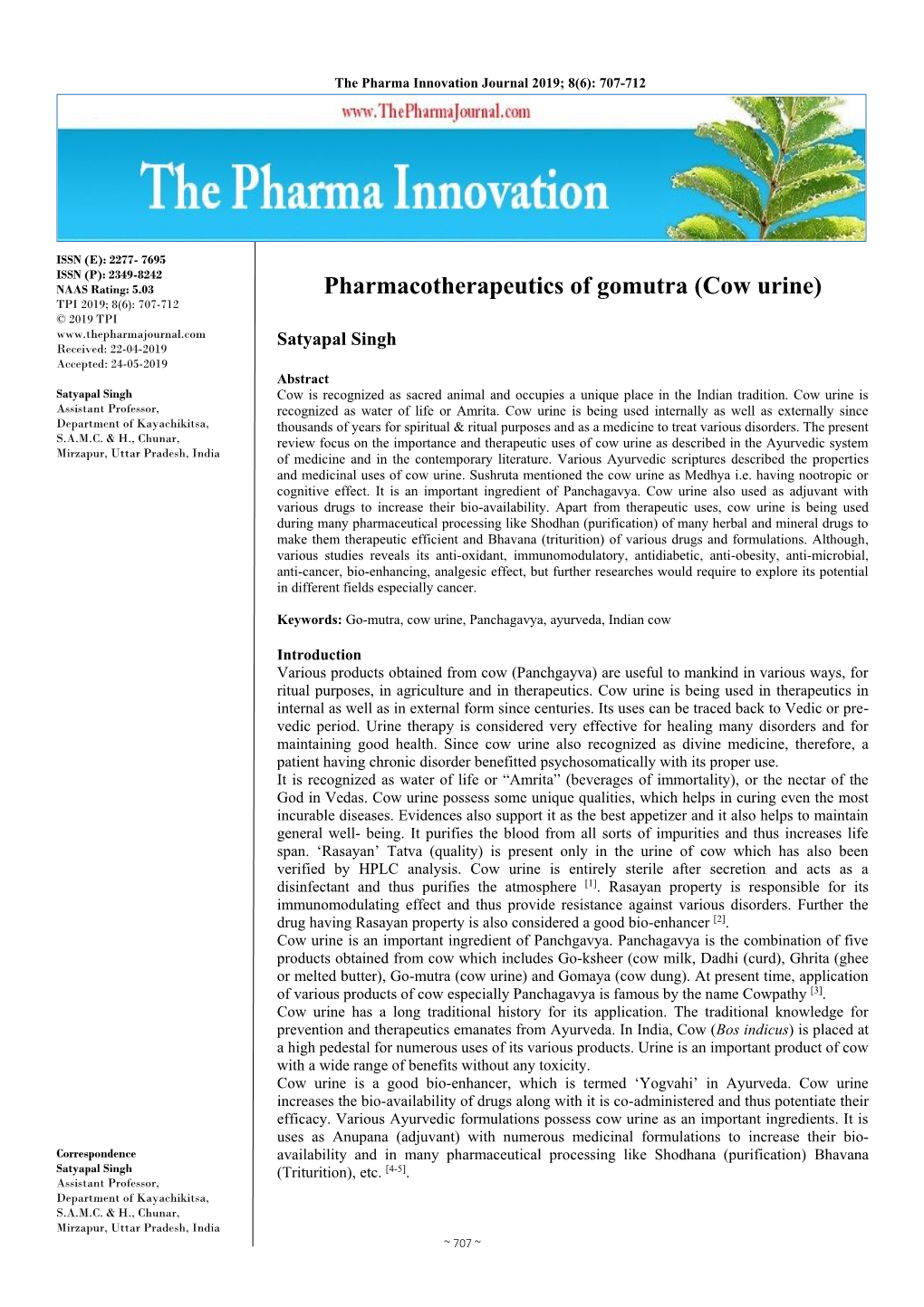 Pharmacotherapeutics of Gomutra (Cow Urine)