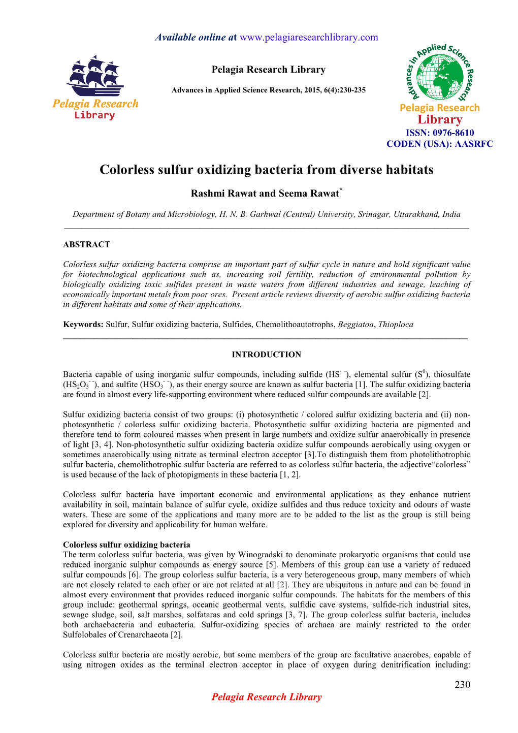 Colorless Sulfur Oxidizing Bacteria from Diverse Habitats