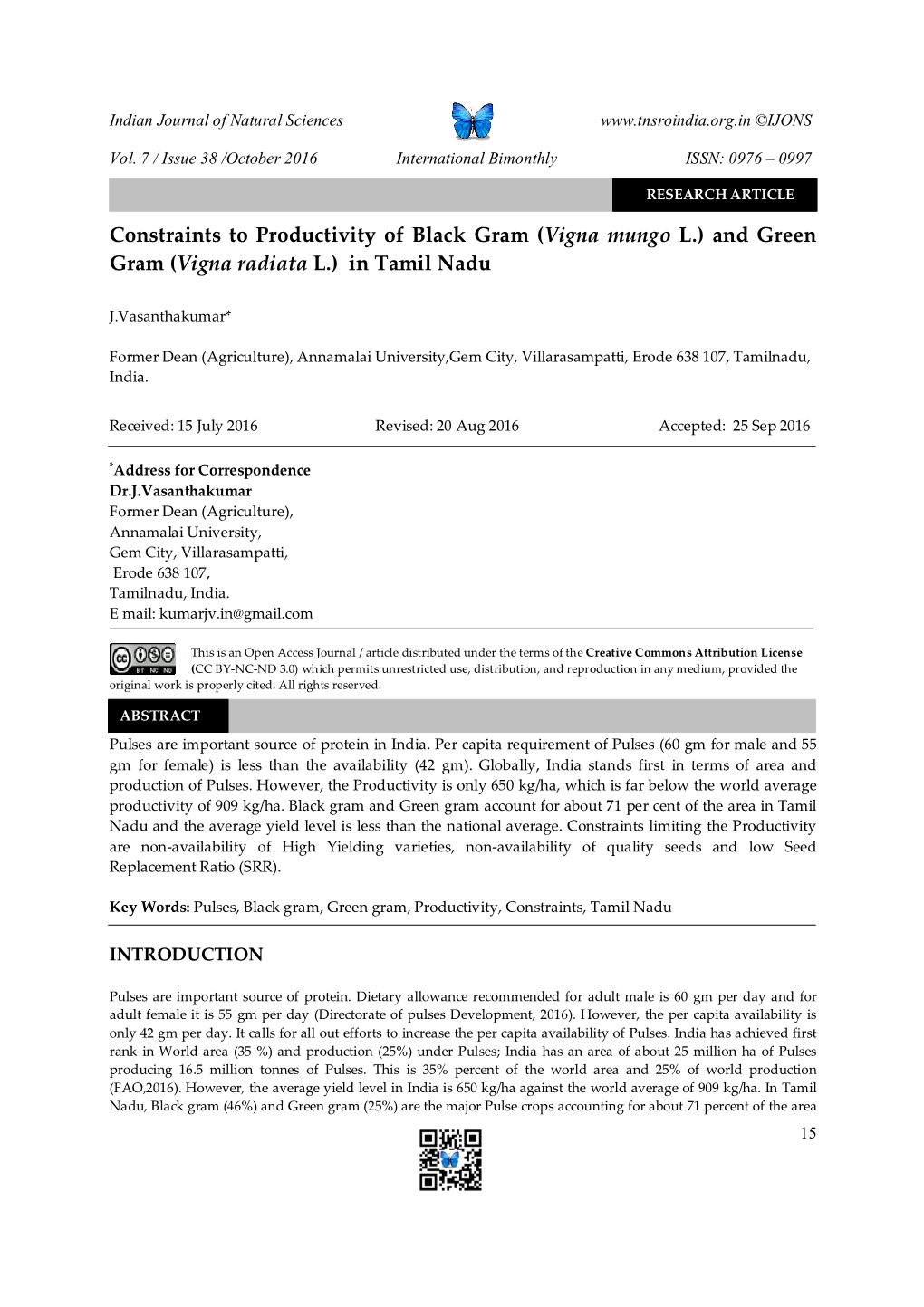Constraints to Productivity of Black Gram (Vigna Mungo L.) and Green Gram (Vigna Radiata L.) in Tamil Nadu