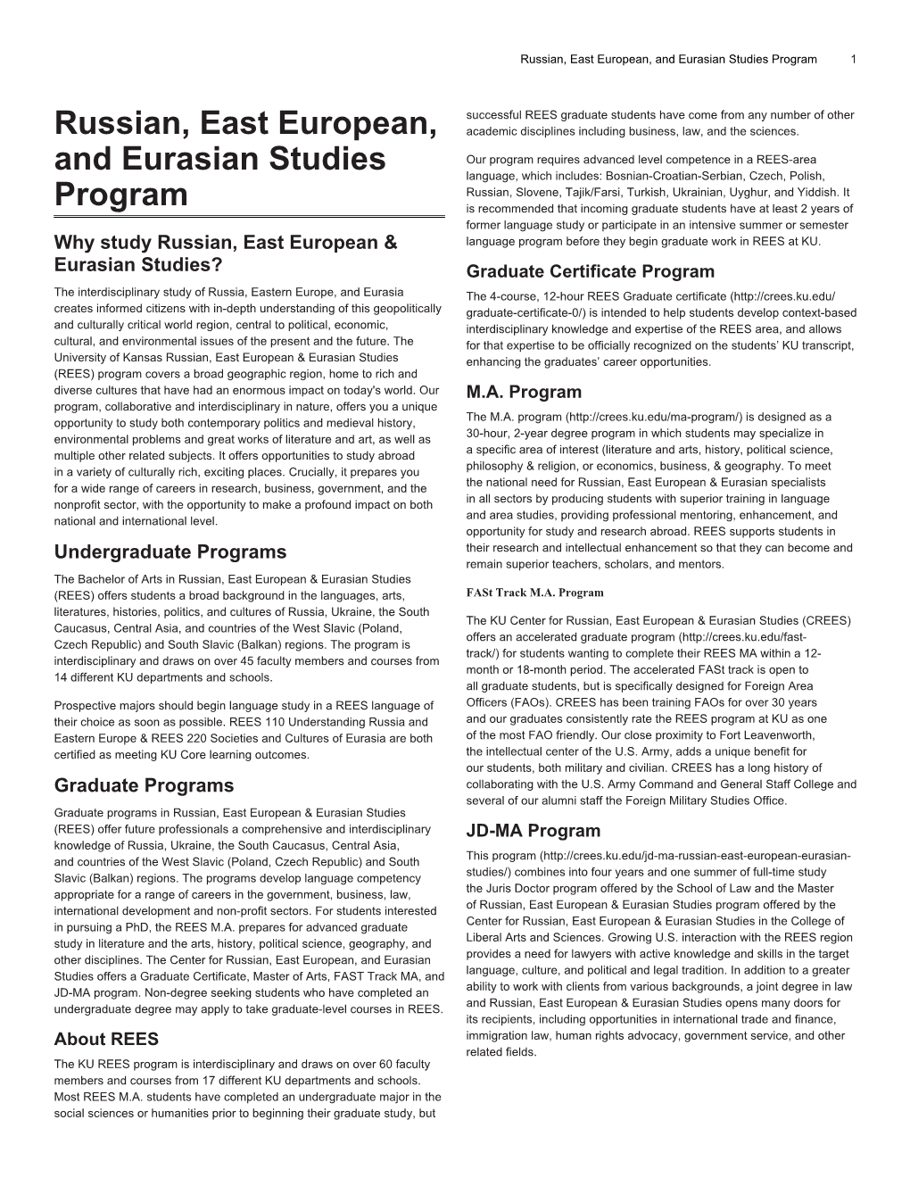 Russian, East European, and Eurasian Studies Program 1