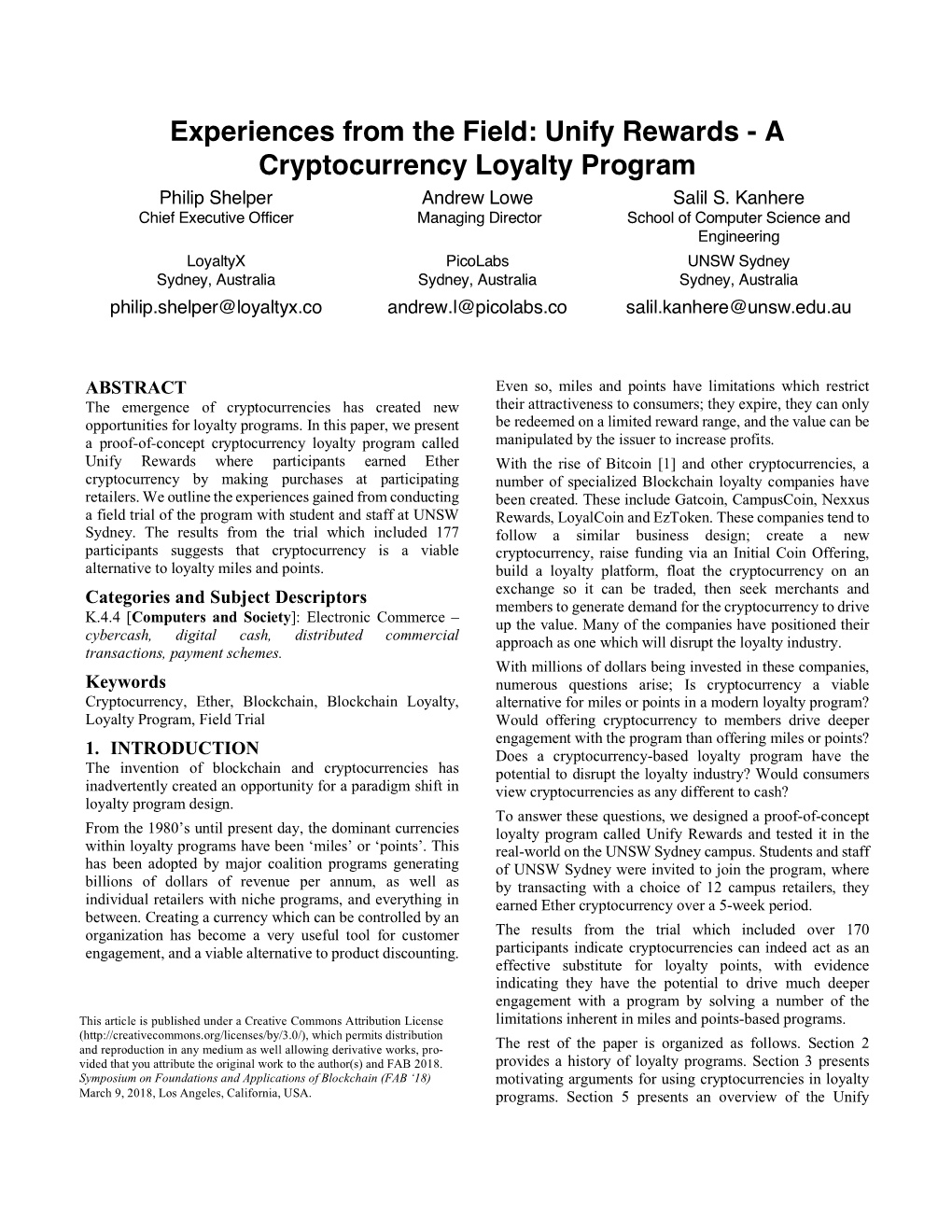 Unify Rewards - a Cryptocurrency Loyalty Program Philip Shelper Andrew Lowe Salil S