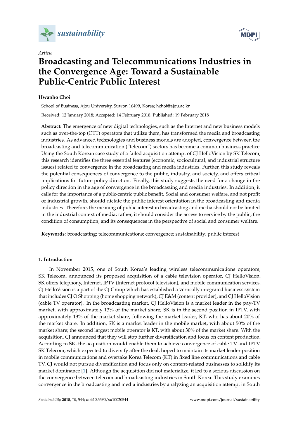 Broadcasting and Telecommunications Industries in the Convergence Age: Toward a Sustainable Public-Centric Public Interest