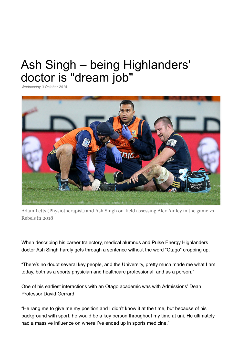 Ash Singh – Being Highlanders' Doctor Is "Dream Job" Wednesday 3 October 2018