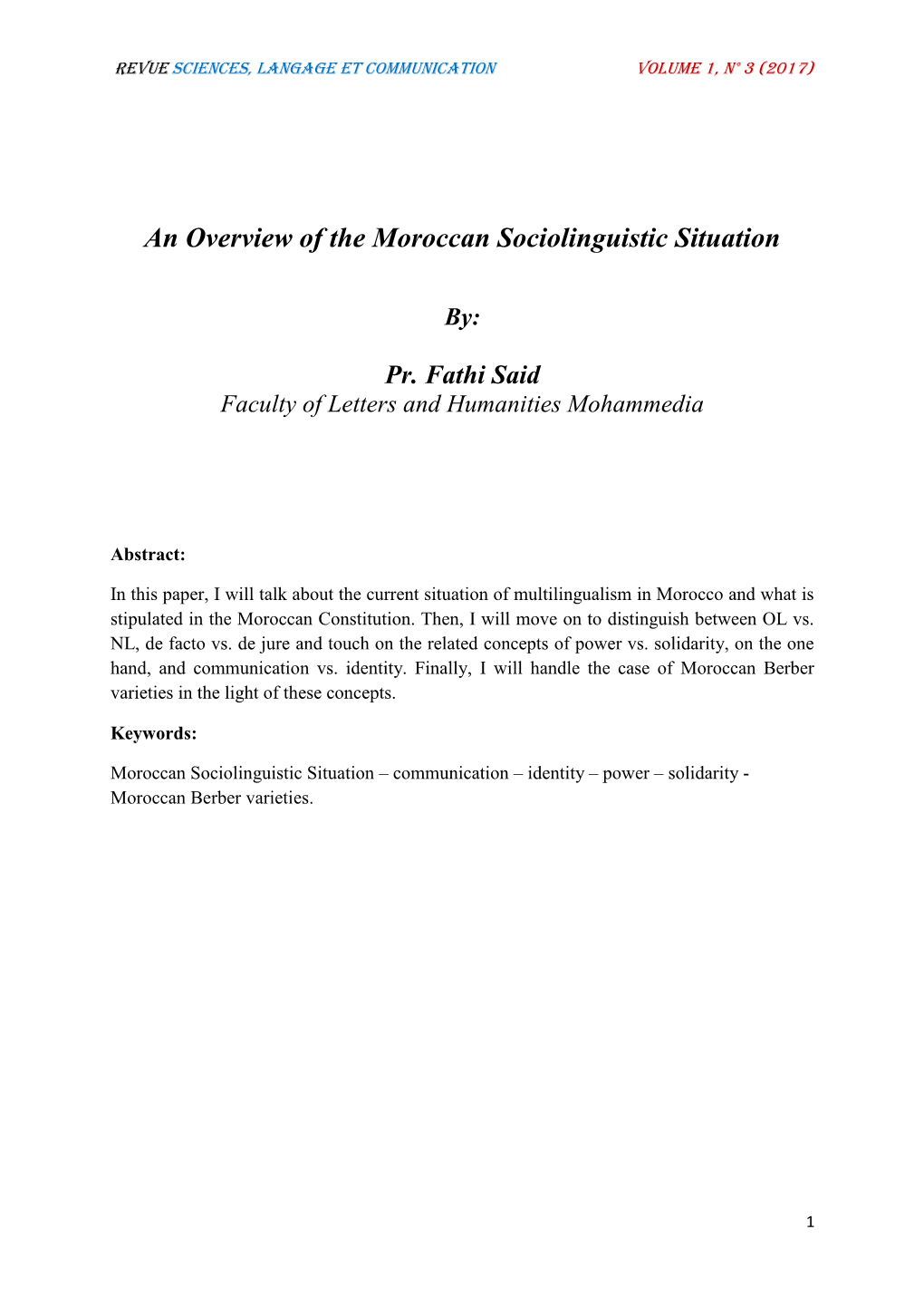 An Overview of the Moroccan Sociolinguistic Situation