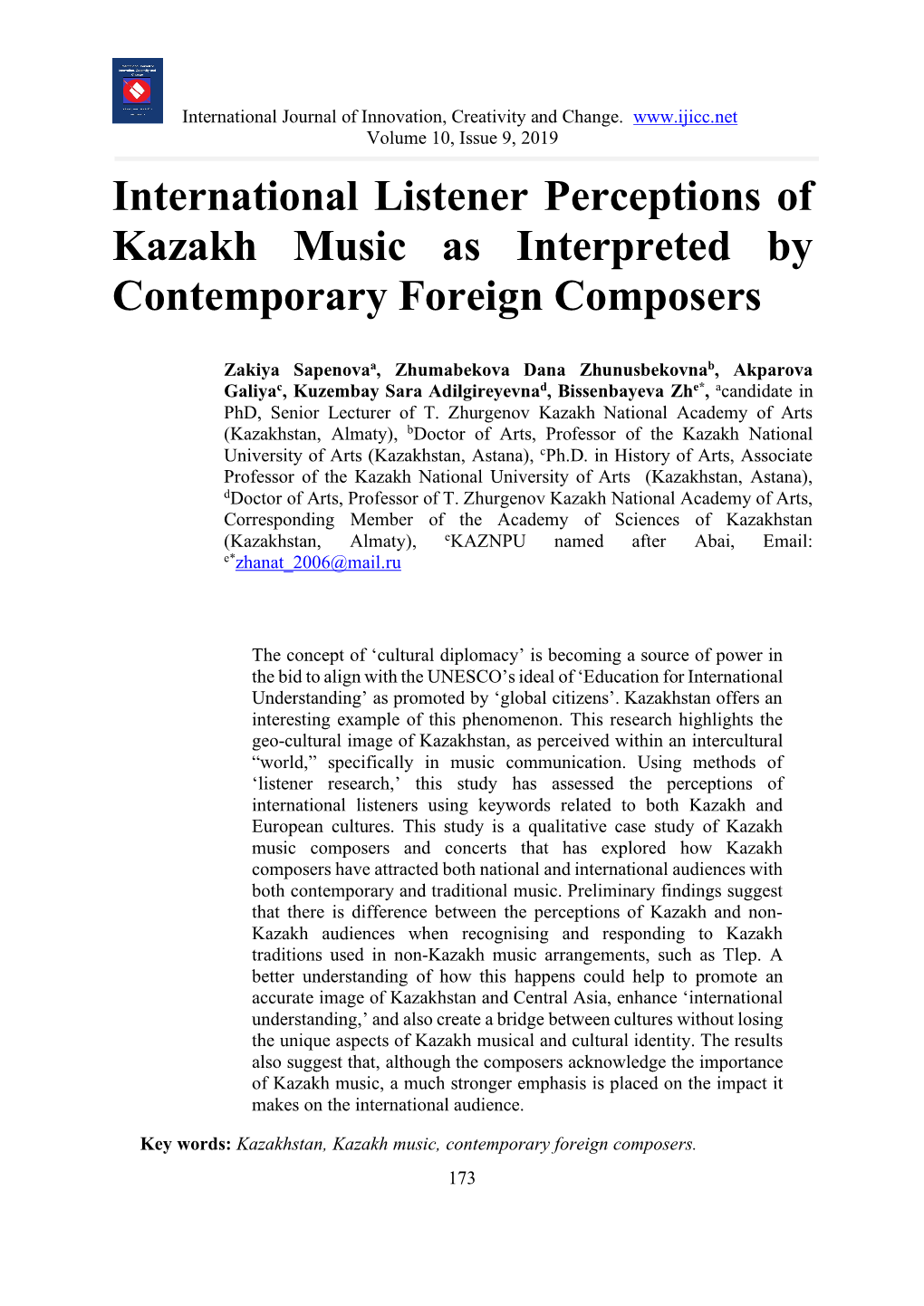 International Listener Perceptions of Kazakh Music As Interpreted by Contemporary Foreign Composers