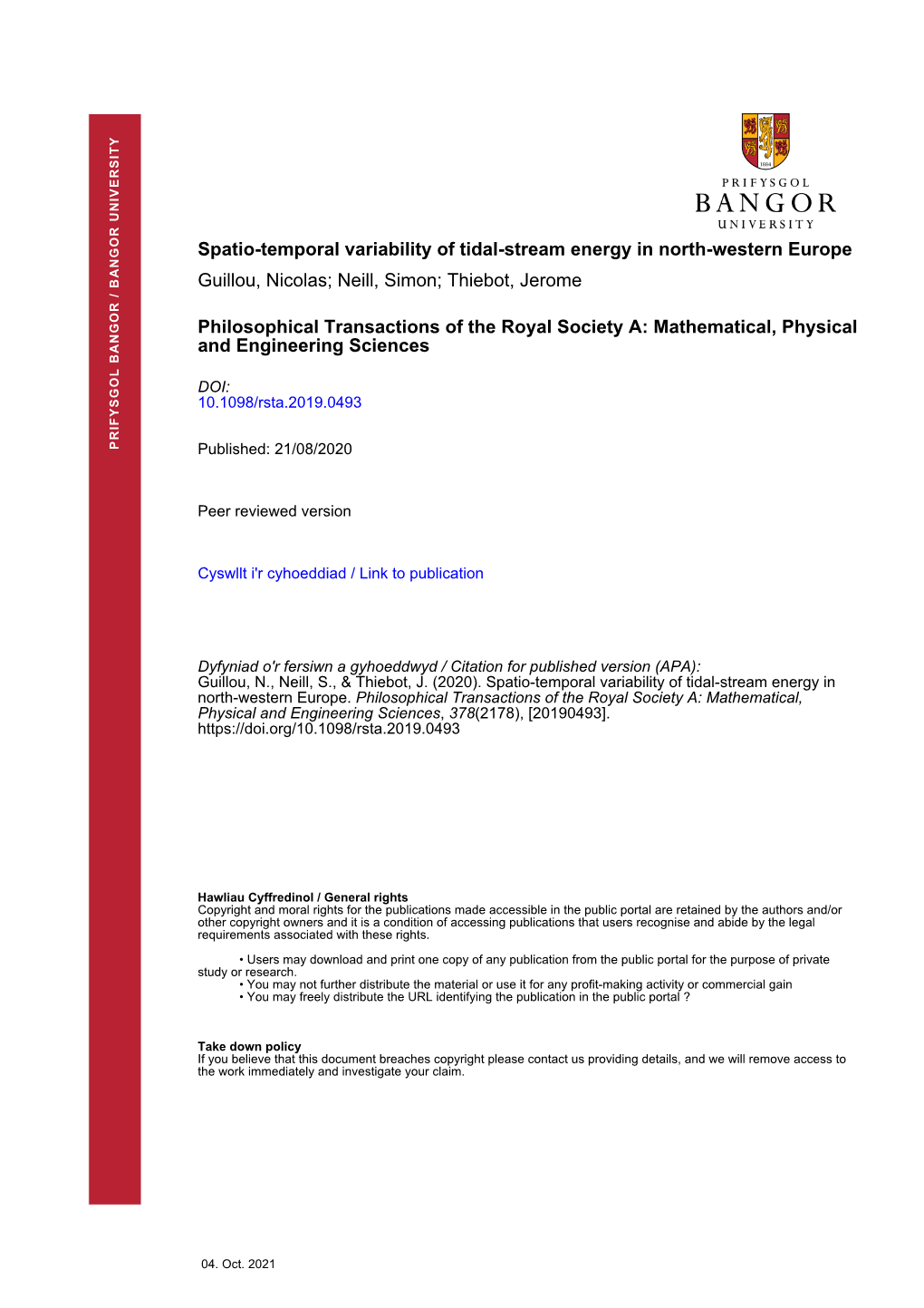 Spatio-Temporal Variability of Tidal-Stream Energy in North-Western Europe Guillou, Nicolas