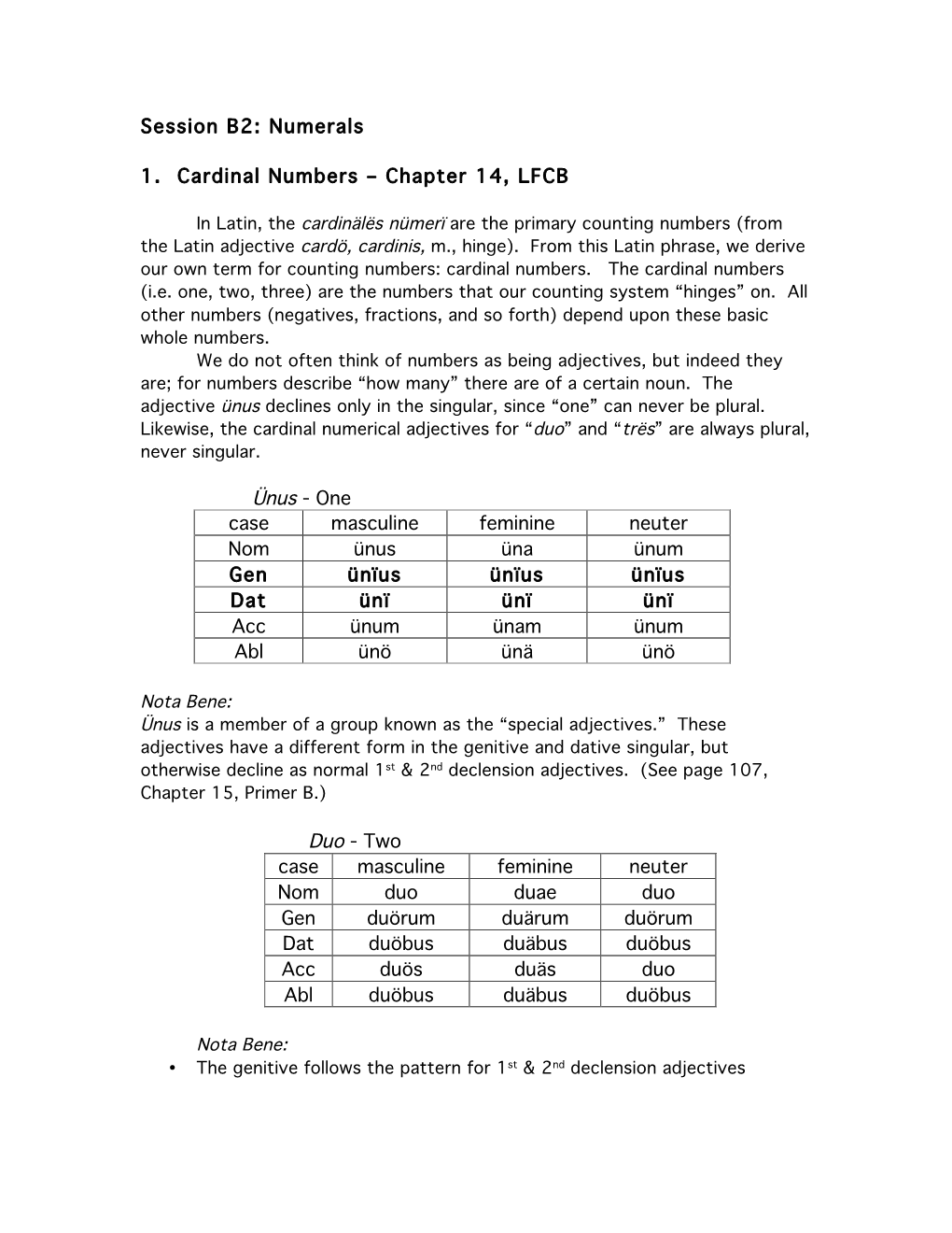 Session B2: Numerals 1. Cardinal Numbers – Chapter 14, LFCB Ünus