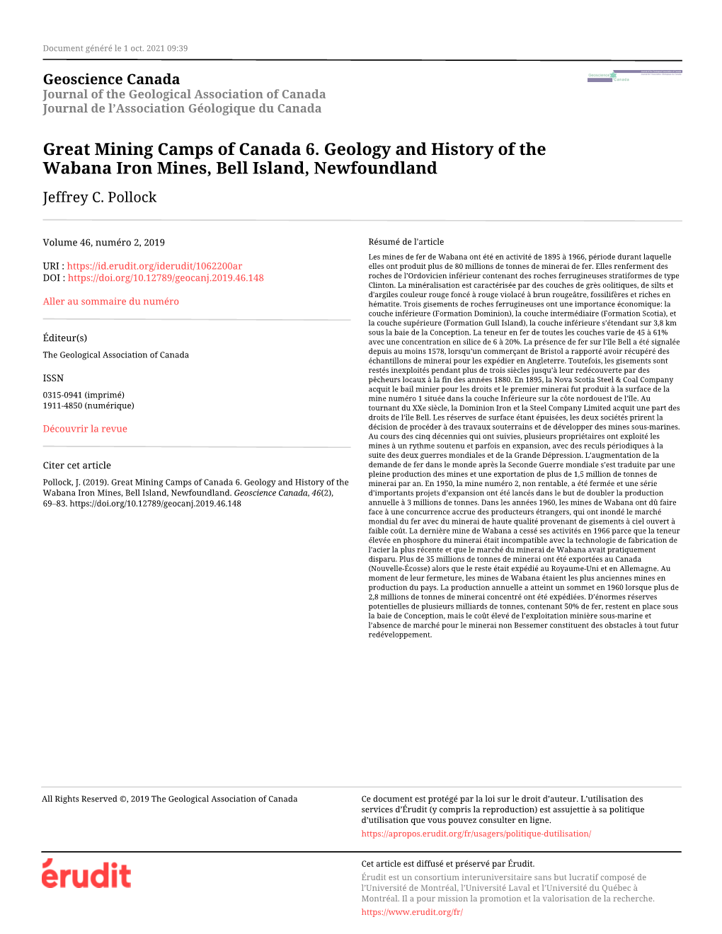 Great Mining Camps of Canada 6. Geology and History of the Wabana Iron Mines, Bell Island, Newfoundland Jeffrey C