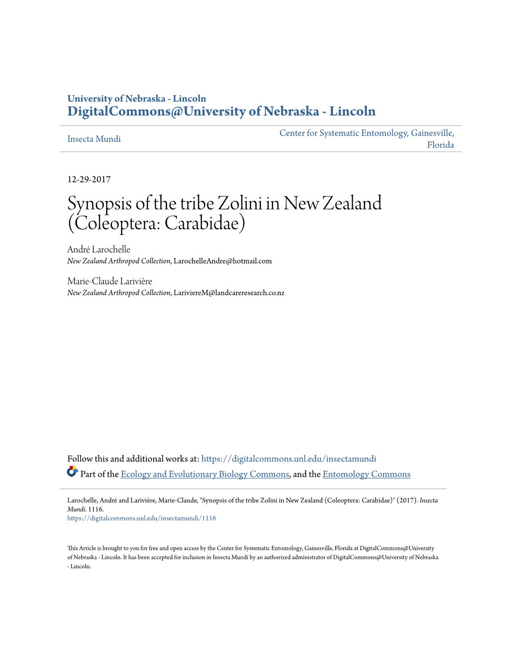 Synopsis of the Tribe Zolini in New Zealand (Coleoptera: Carabidae) André Larochelle New Zealand Arthropod Collection, Larochelleandre@Hotmail.Com