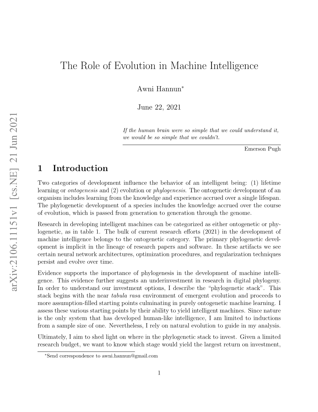 The Role of Evolution in Machine Intelligence Arxiv:2106.11151V1 [Cs