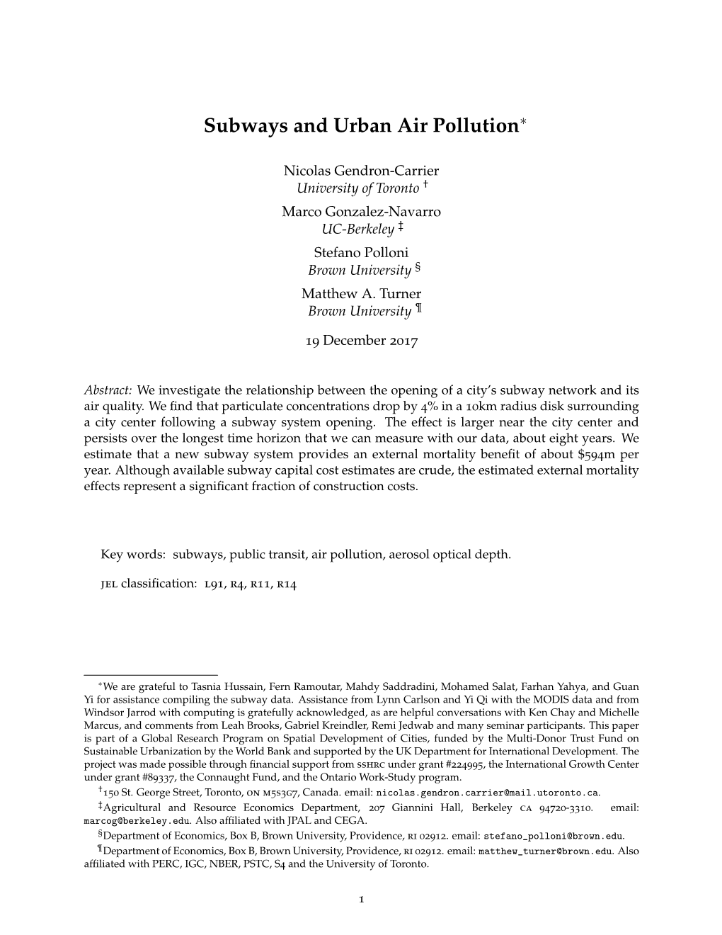 Subways and Urban Air Pollution∗