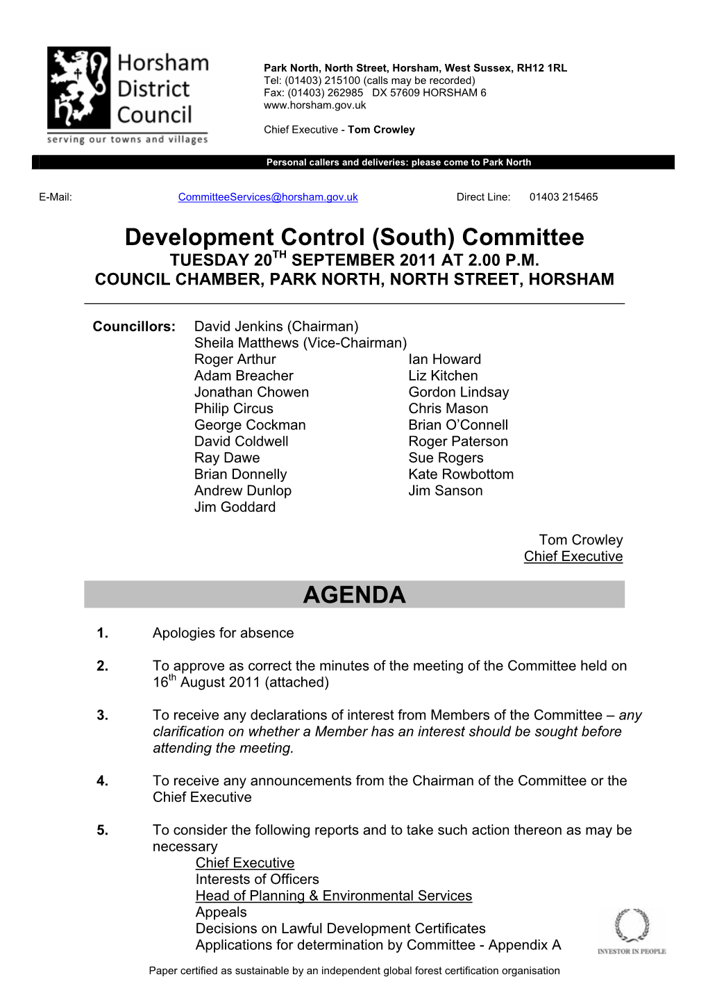 Development Control (South) Committee TUESDAY 20TH SEPTEMBER 2011 at 2.00 P.M