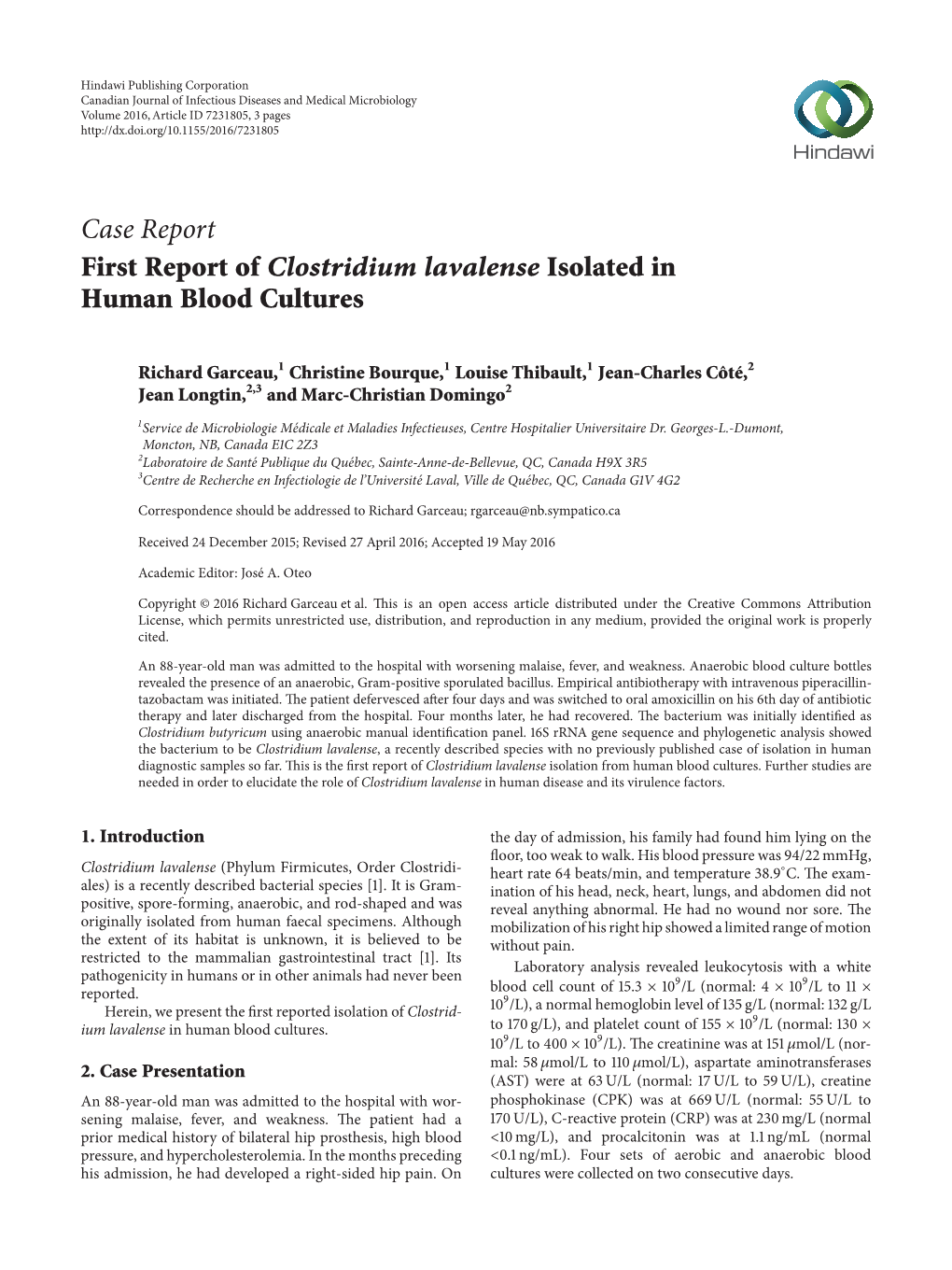 First Report of Clostridium Lavalense Isolated in Human Blood Cultures