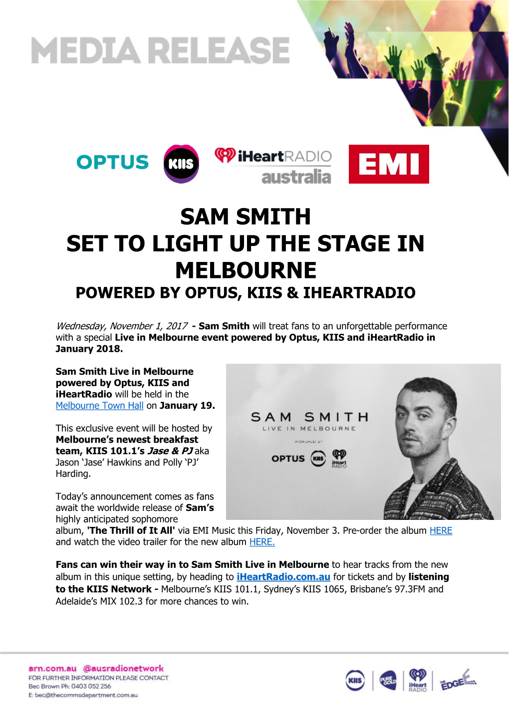 Sam Smith Set to Light up the Stage in Melbourne Powered by Optus, Kiis & Iheartradio