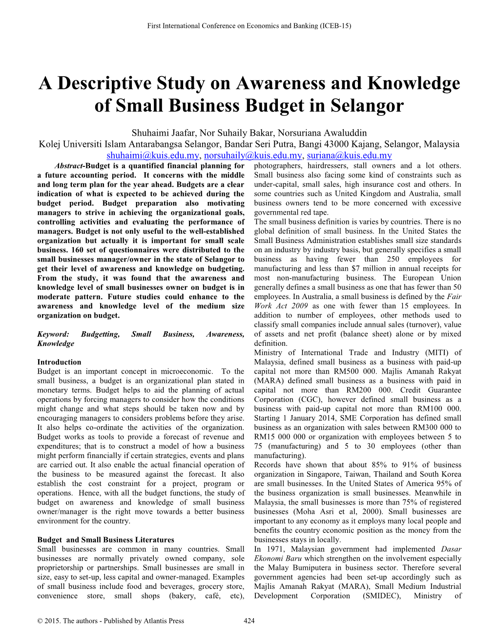 A Descriptive Study on Awareness and Knowledge of Small Business Budget in Selangor