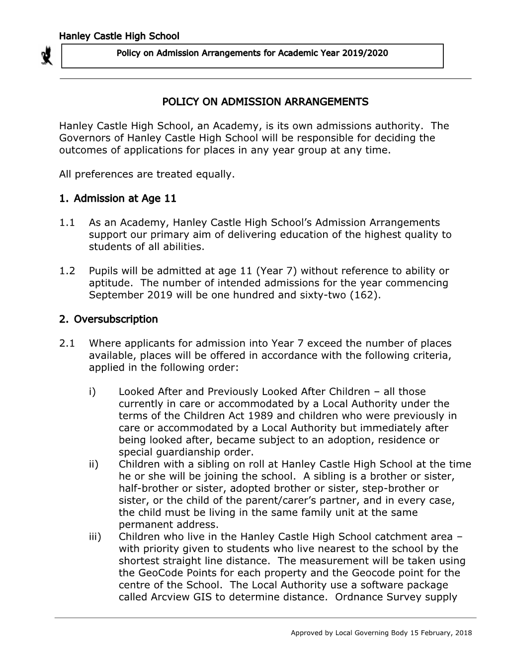 Policy on Admission Arrangements for Academic Year 2019/2020