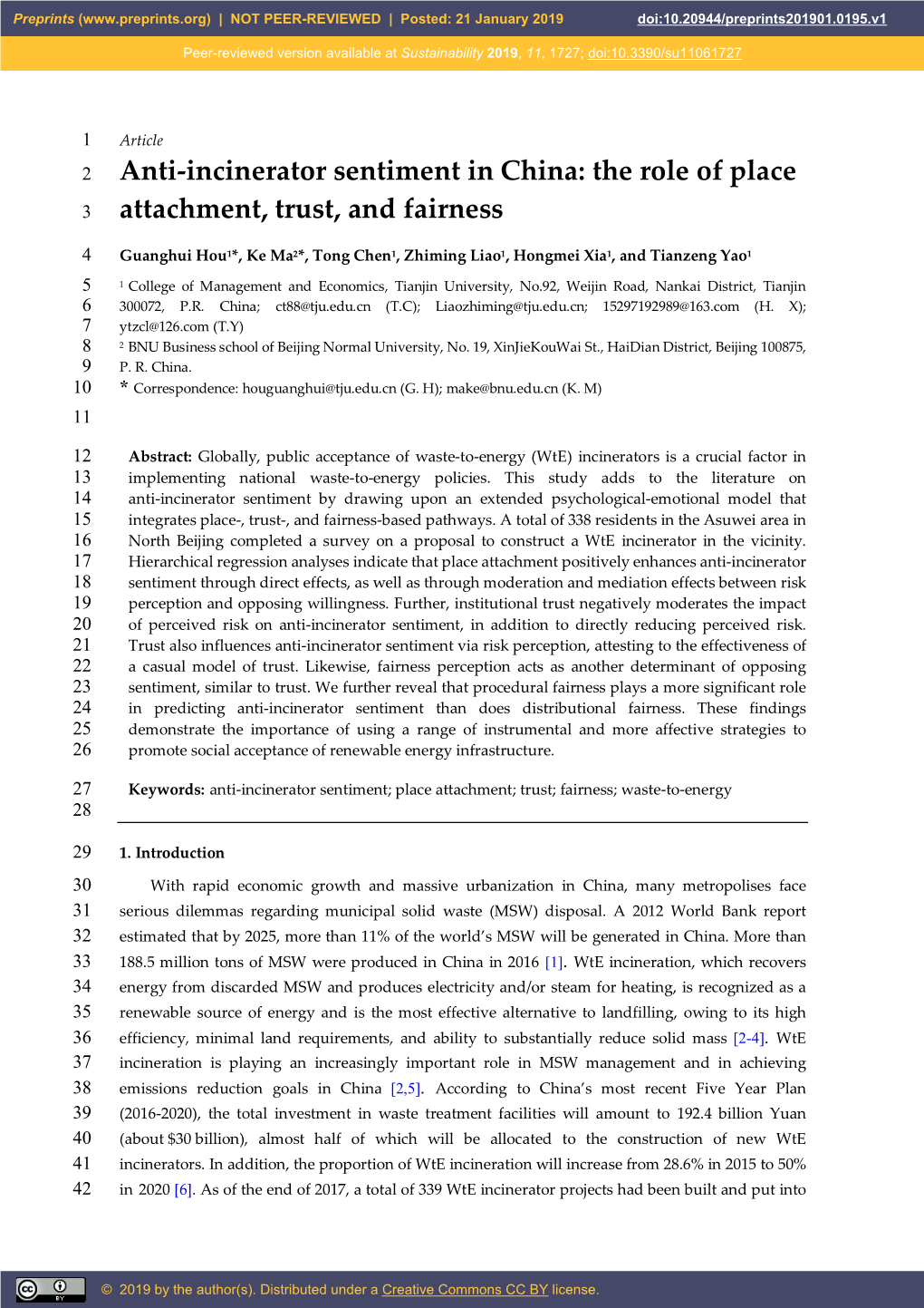Anti-Incinerator Sentiment in China: the Role of Place 3 Attachment, Trust, and Fairness
