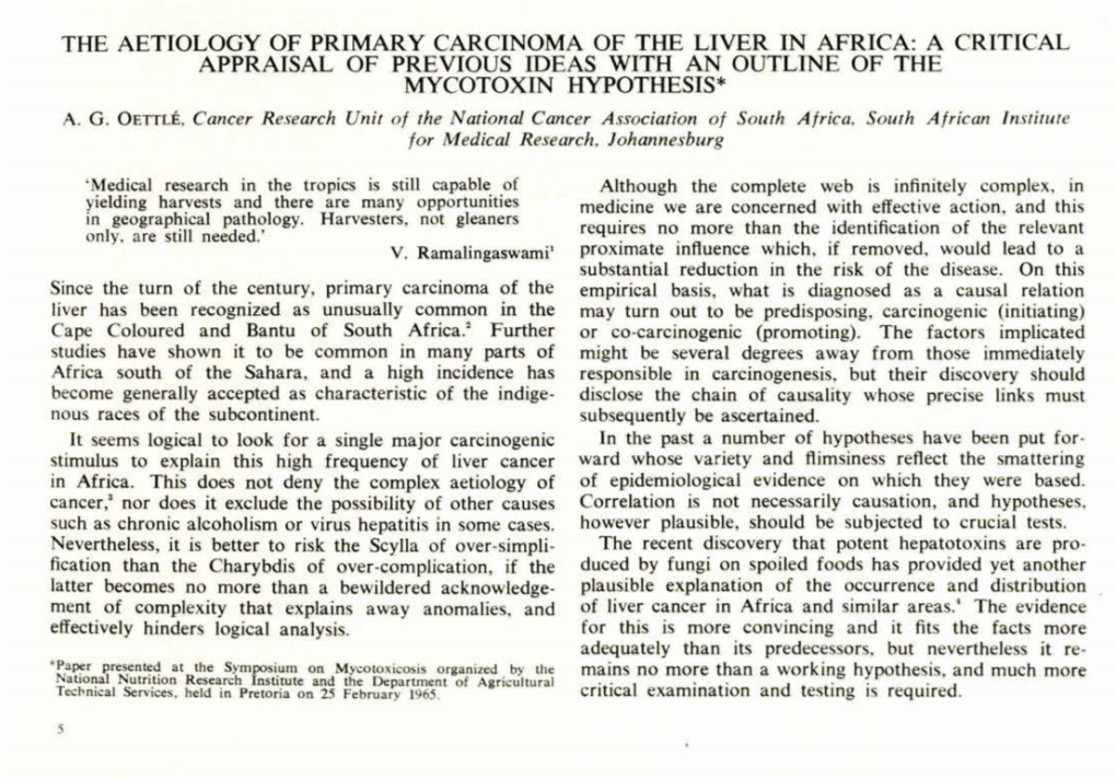 The Aetiology of Primary Carcinoma of the Liver in Africa: a Critical Appraisal of Previous Ideas with an Outline of the Mycotoxin Hypothesis* A