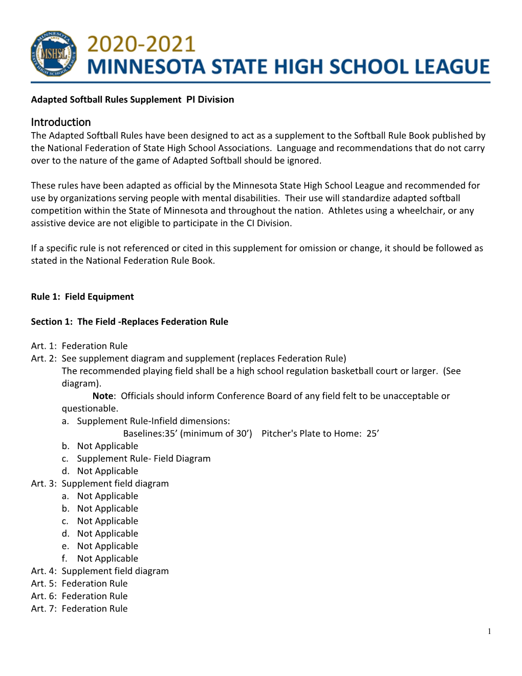 Adapted Softball Rules Supplement PI Division