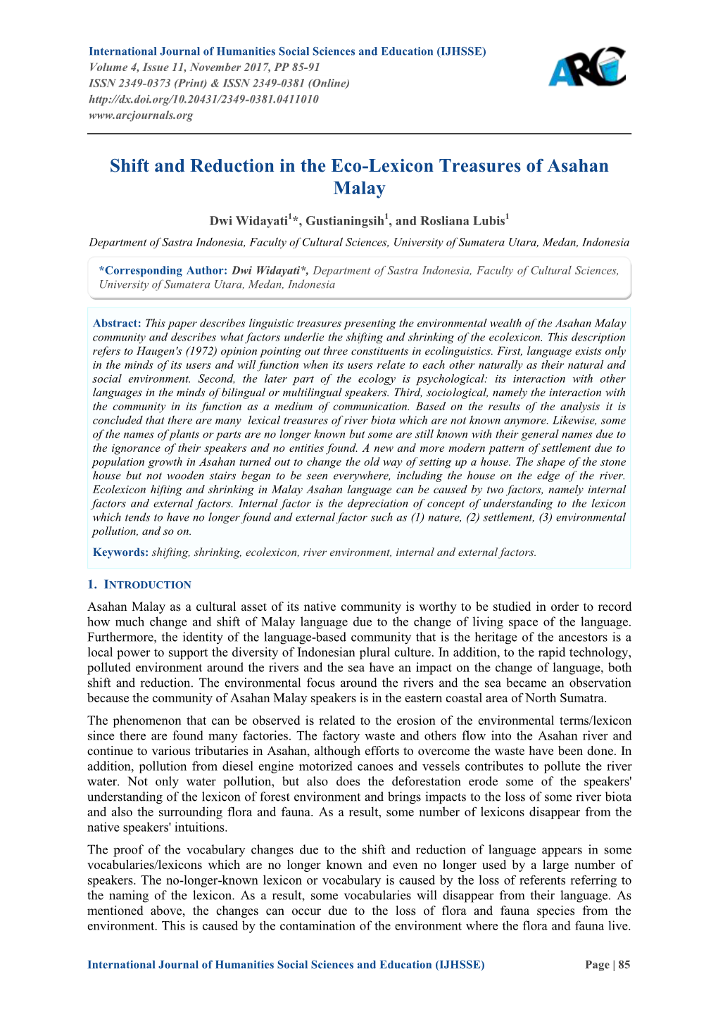 Shift and Reduction in the Eco-Lexicon Treasures of Asahan Malay