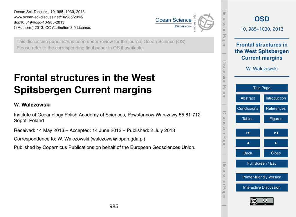 Frontal Structures in the West Spitsbergen Current Margins