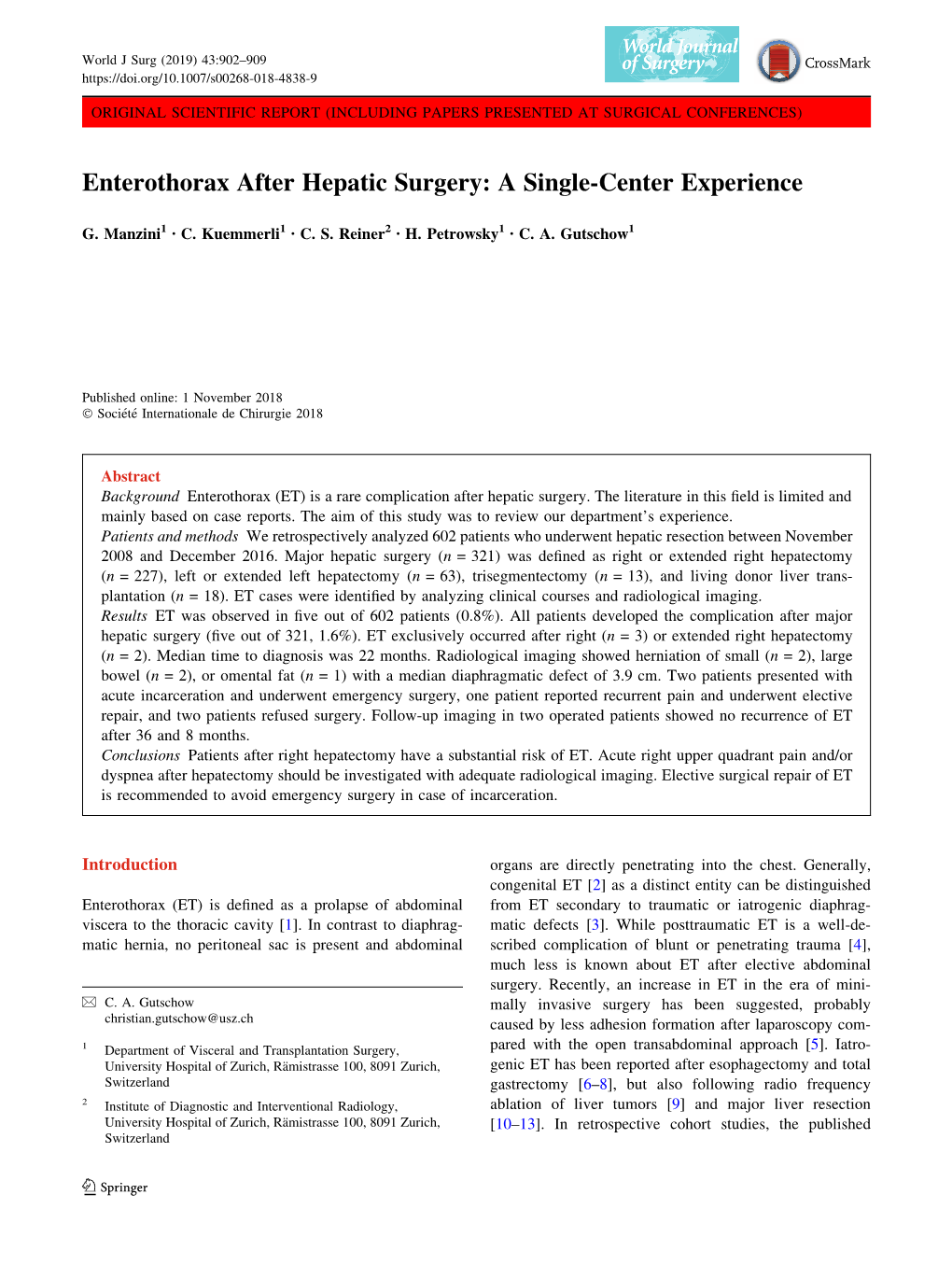 Enterothorax After Hepatic Surgery: a Single-Center Experience