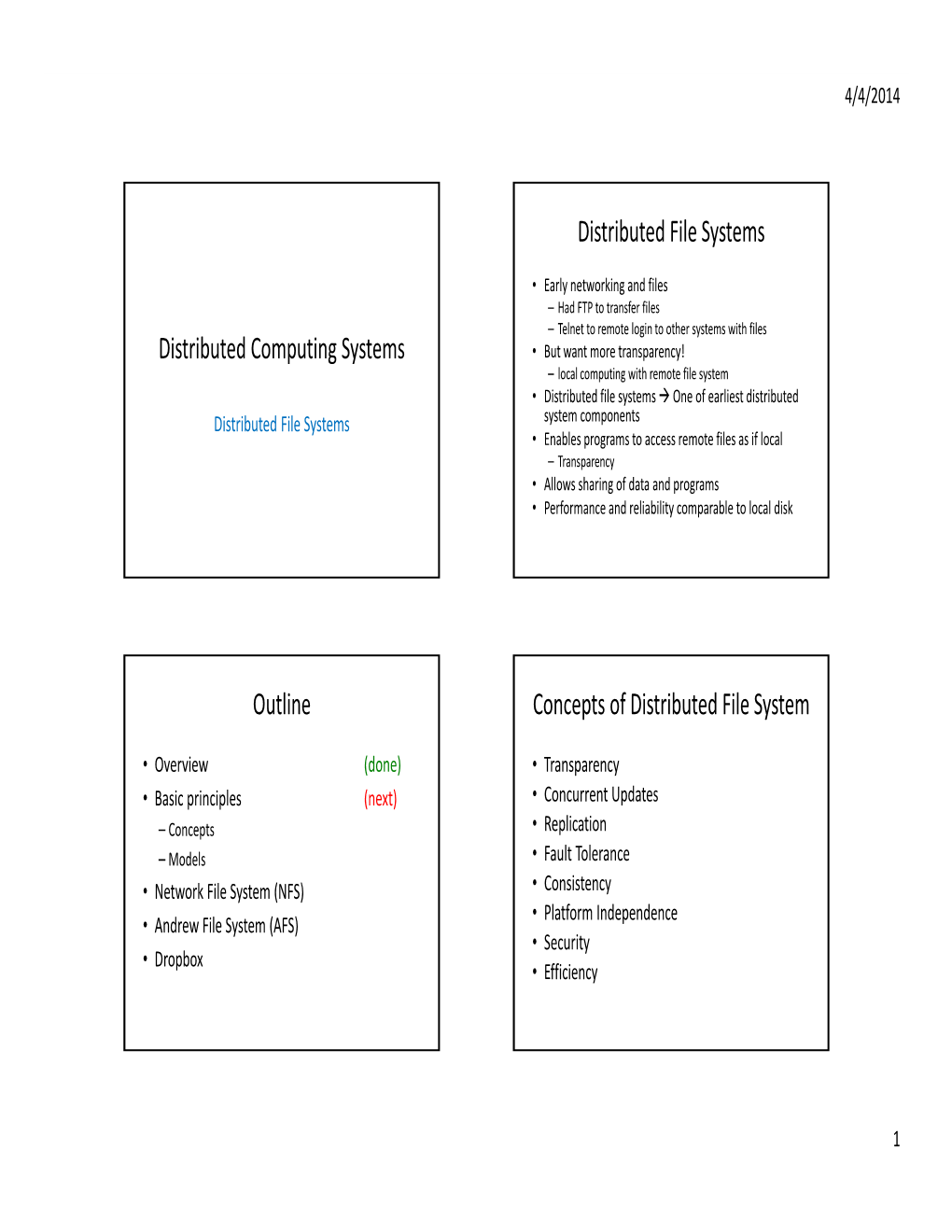 Distributed Computing Systems Distributed File Systems Outline