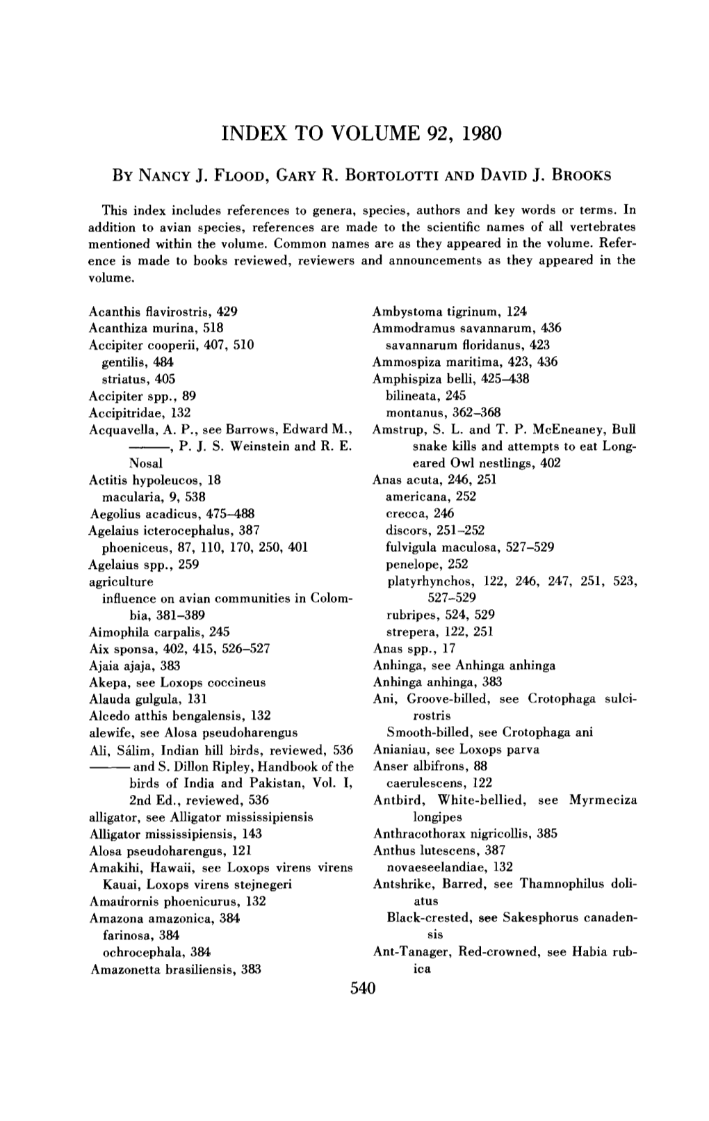 Index to Volume 92, 1980