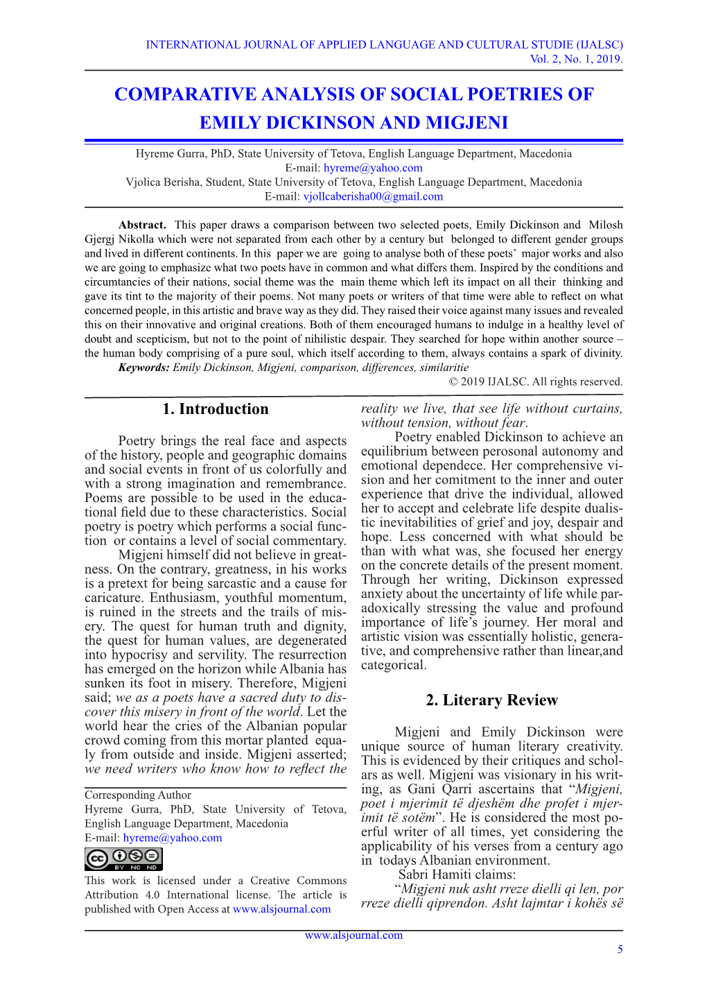 Comparative Analysis of Social Poetries of Emily Dickinson and Migjeni