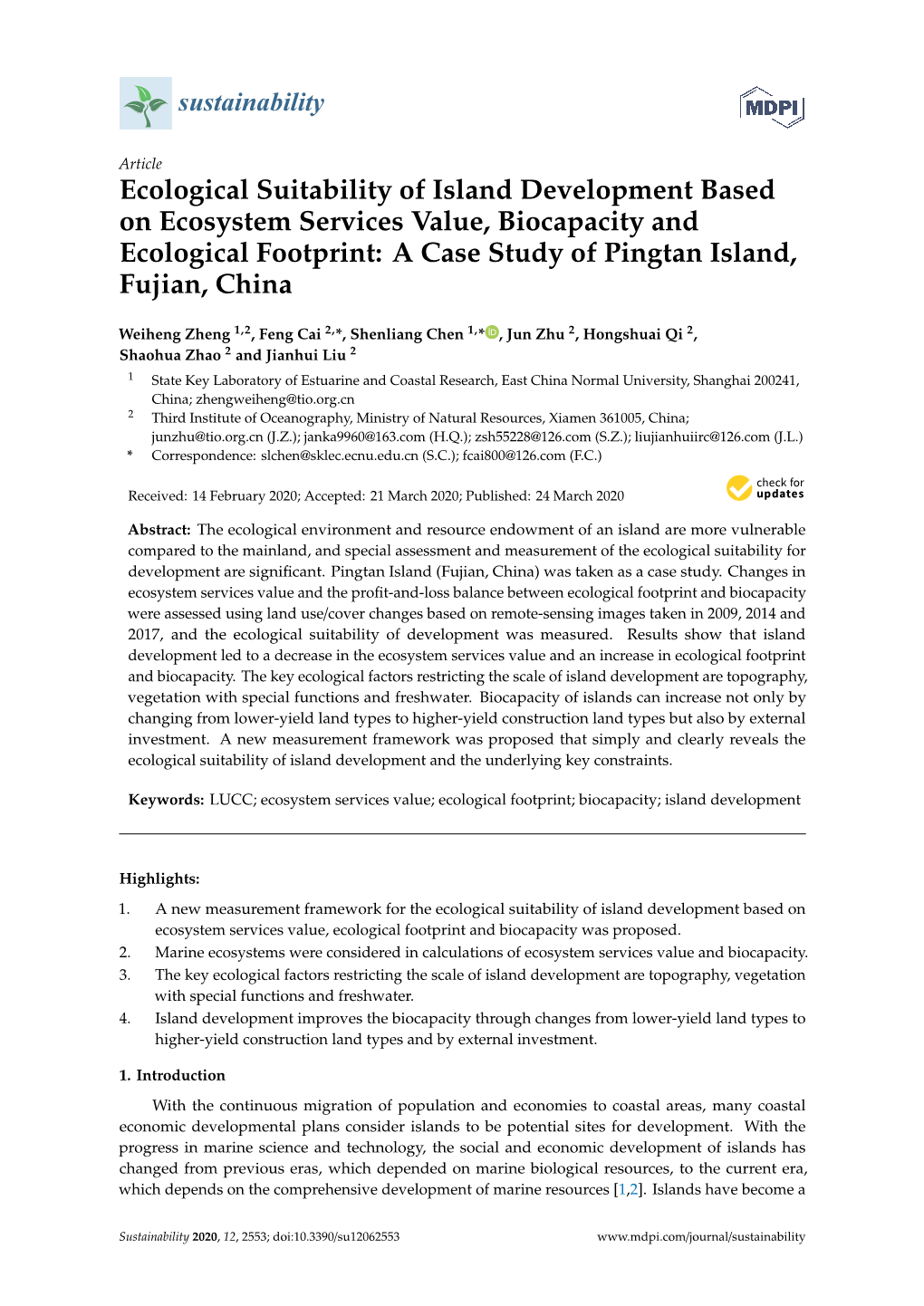 Ecological Suitability of Island Development Based on Ecosystem Services Value, Biocapacity and Ecological Footprint: a Case Study of Pingtan Island, Fujian, China