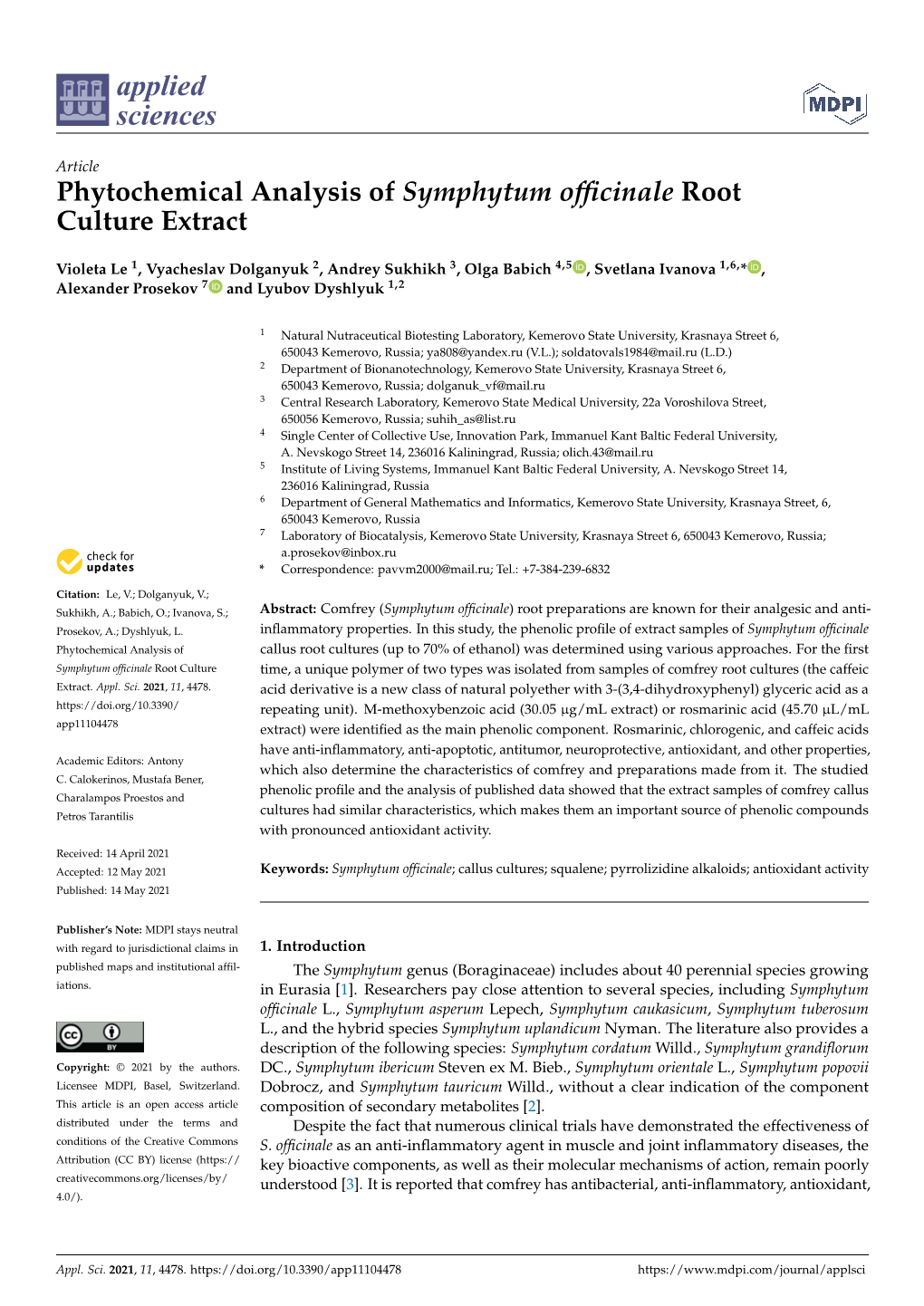 Phytochemical Analysis of Symphytum Officinale Root Culture Extract