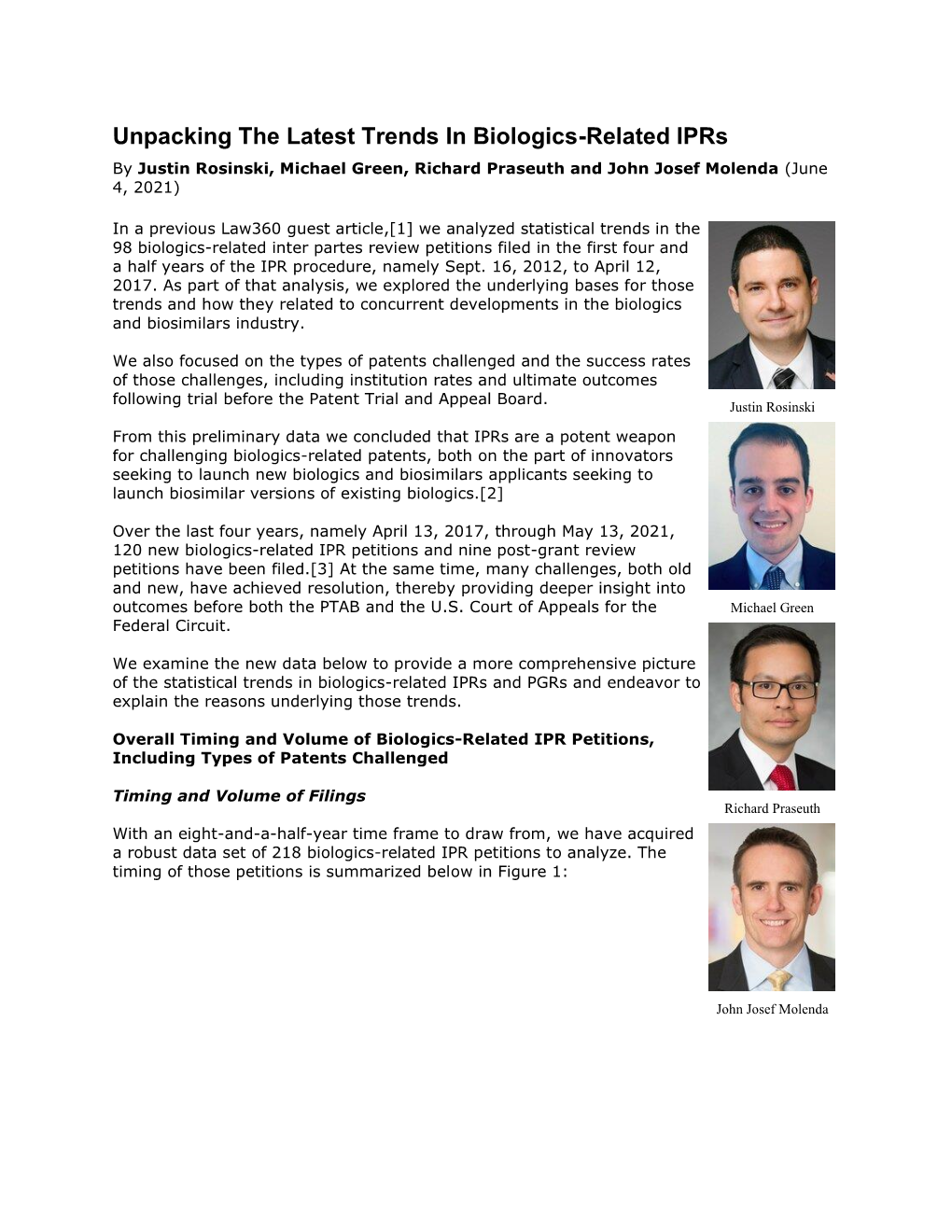 Unpacking the Latest Trends in Biologics-Related Iprs by Justin Rosinski, Michael Green, Richard Praseuth and John Josef Molenda (June 4, 2021)