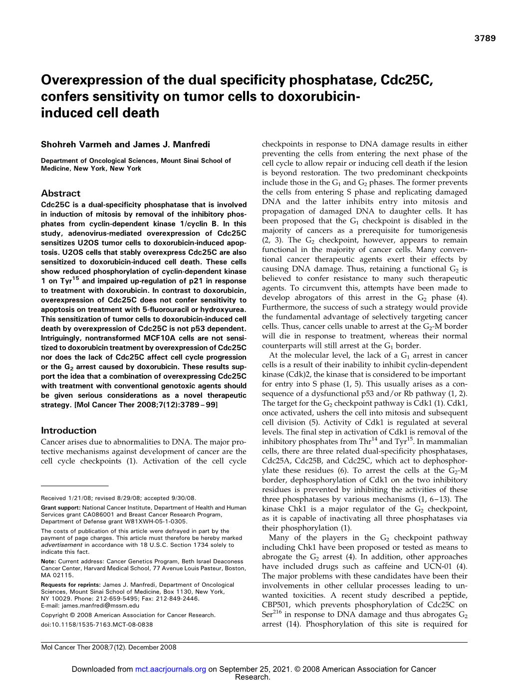 Overexpression of the Dual Specificity Phosphatase, Cdc25c, Confers Sensitivity on Tumor Cells to Doxorubicin- Induced Cell Death