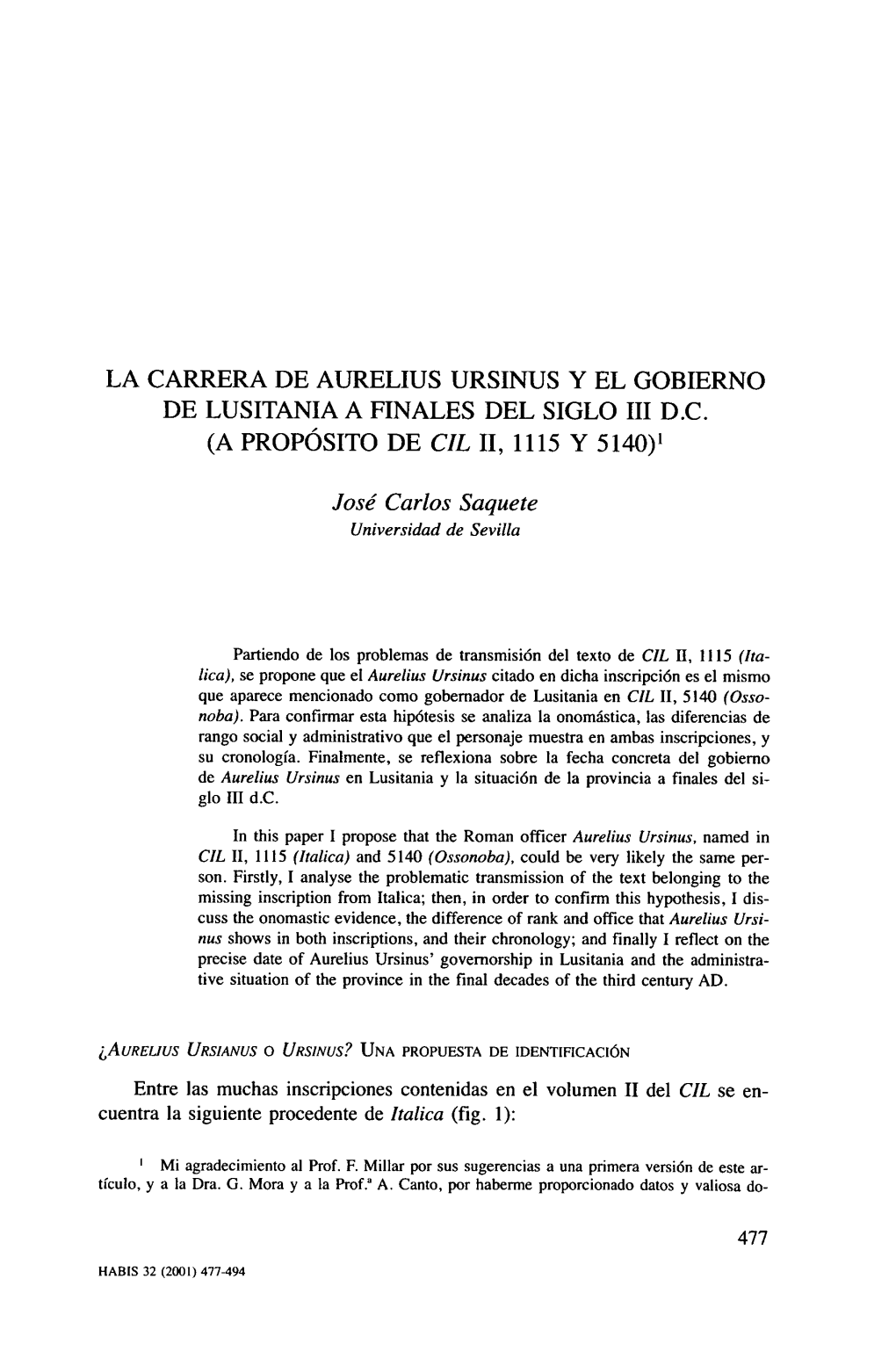 La Carrera De Aurelius Ursinus Y El Gobierno De Lusitania a Finales Del Siglo Iii D.C